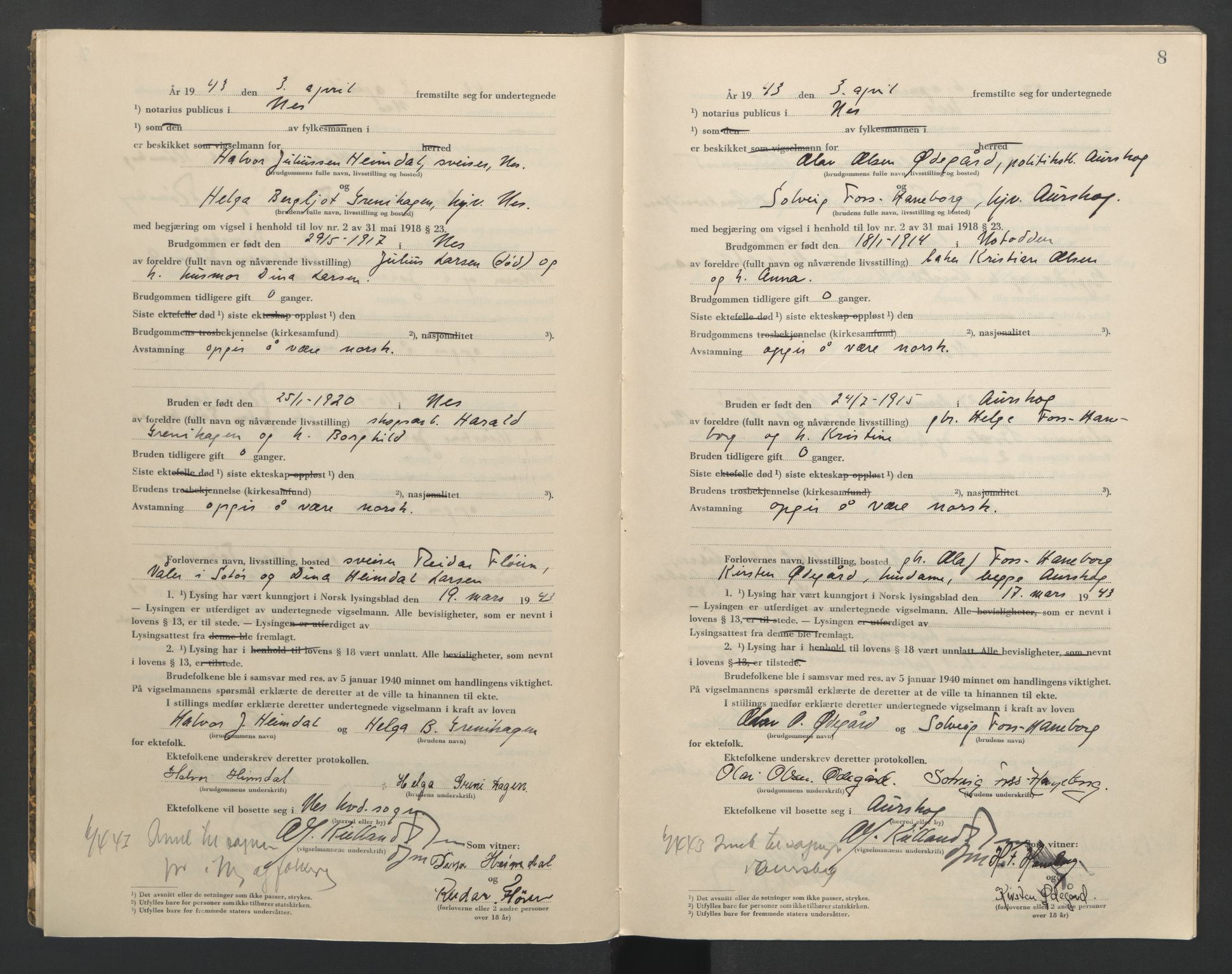 Nes tingrett, AV/SAO-A-10548/L/Lc/Lca/L0002: Vigselbok, 1943-1944, s. 8
