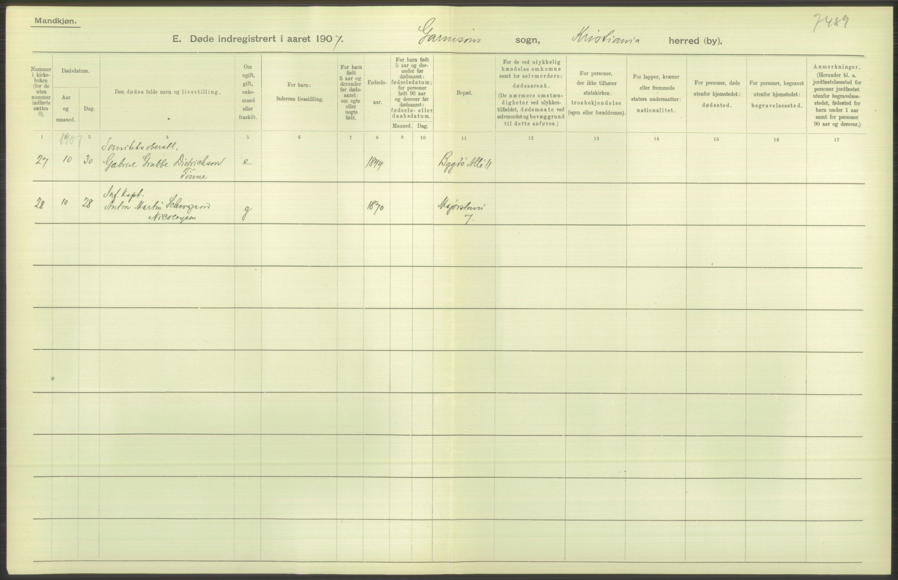 Statistisk sentralbyrå, Sosiodemografiske emner, Befolkning, AV/RA-S-2228/D/Df/Dfa/Dfae/L0009: Kristiania: Døde, 1907, s. 130