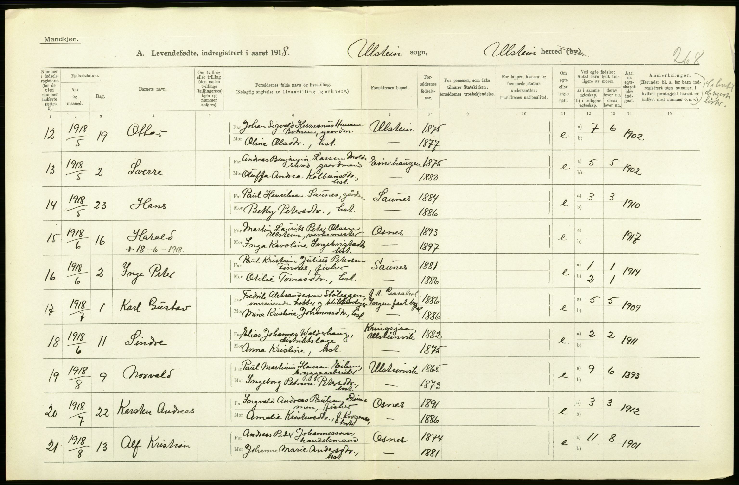 Statistisk sentralbyrå, Sosiodemografiske emner, Befolkning, RA/S-2228/D/Df/Dfb/Dfbh/L0043: Møre fylke: Levendefødte menn og kvinner. Bygder., 1918, s. 238