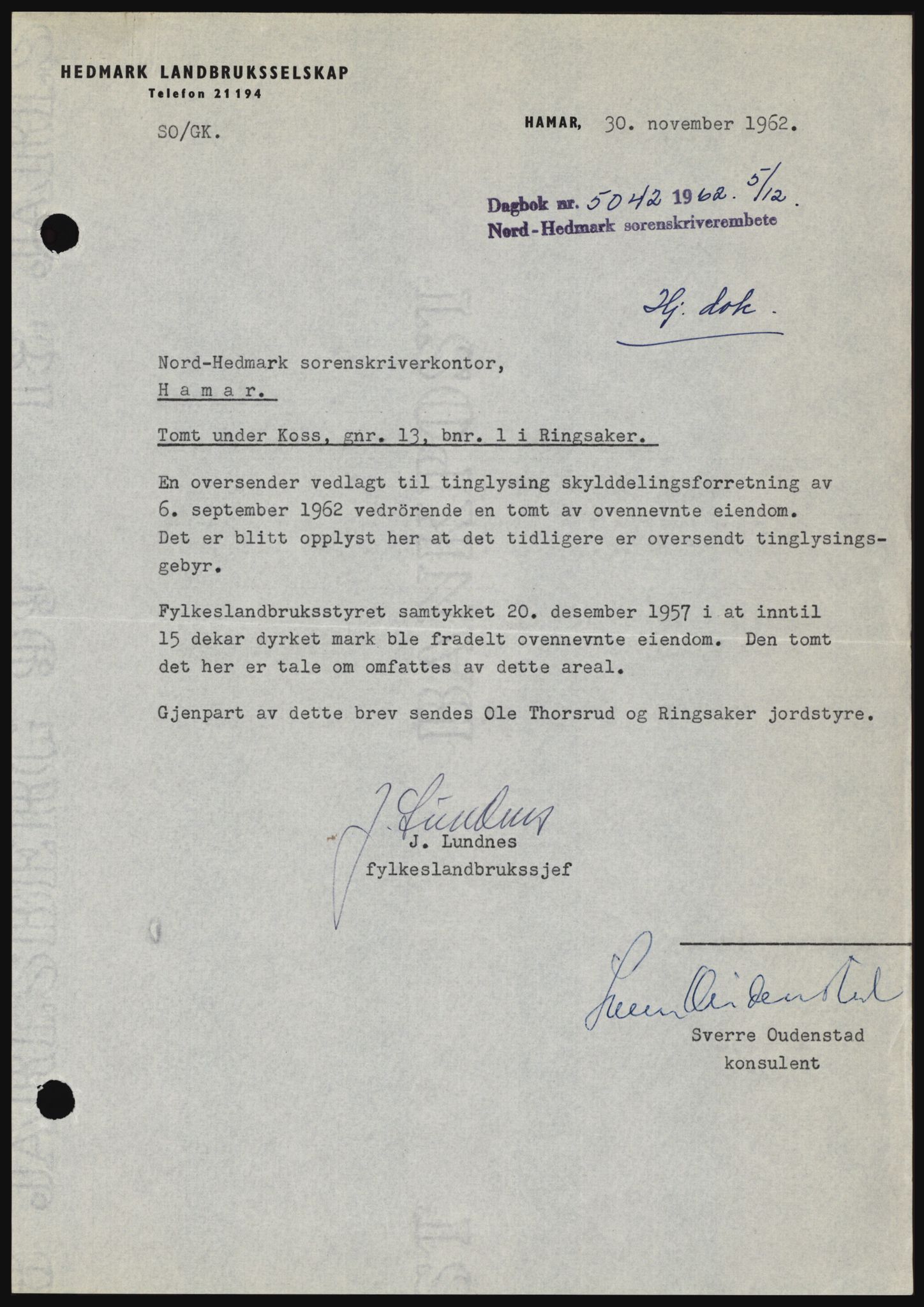Nord-Hedmark sorenskriveri, SAH/TING-012/H/Hc/L0017: Pantebok nr. 17, 1962-1963, Dagboknr: 5042/1962
