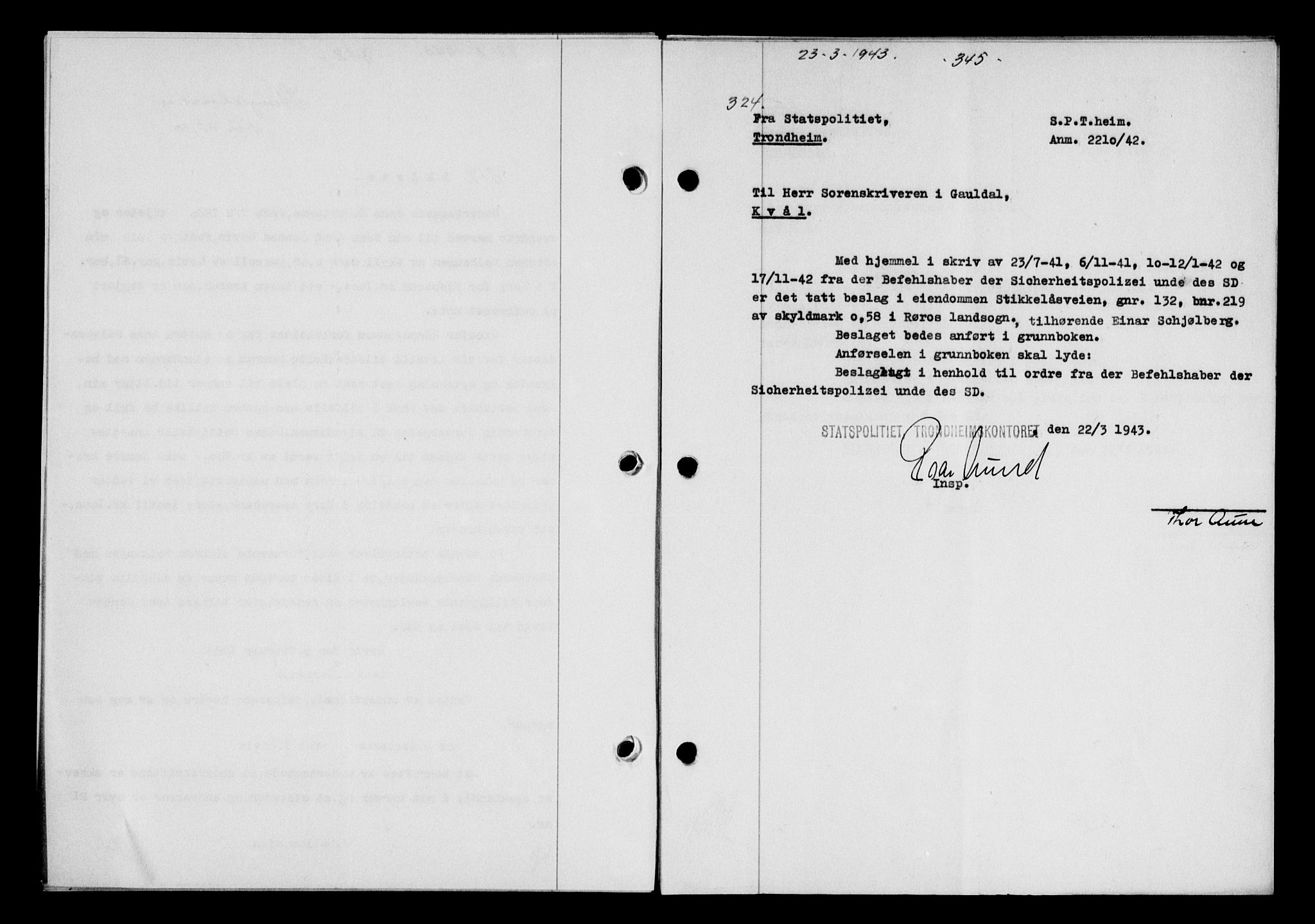 Gauldal sorenskriveri, SAT/A-0014/1/2/2C/L0056: Pantebok nr. 61, 1942-1943, Dagboknr: 324/1943