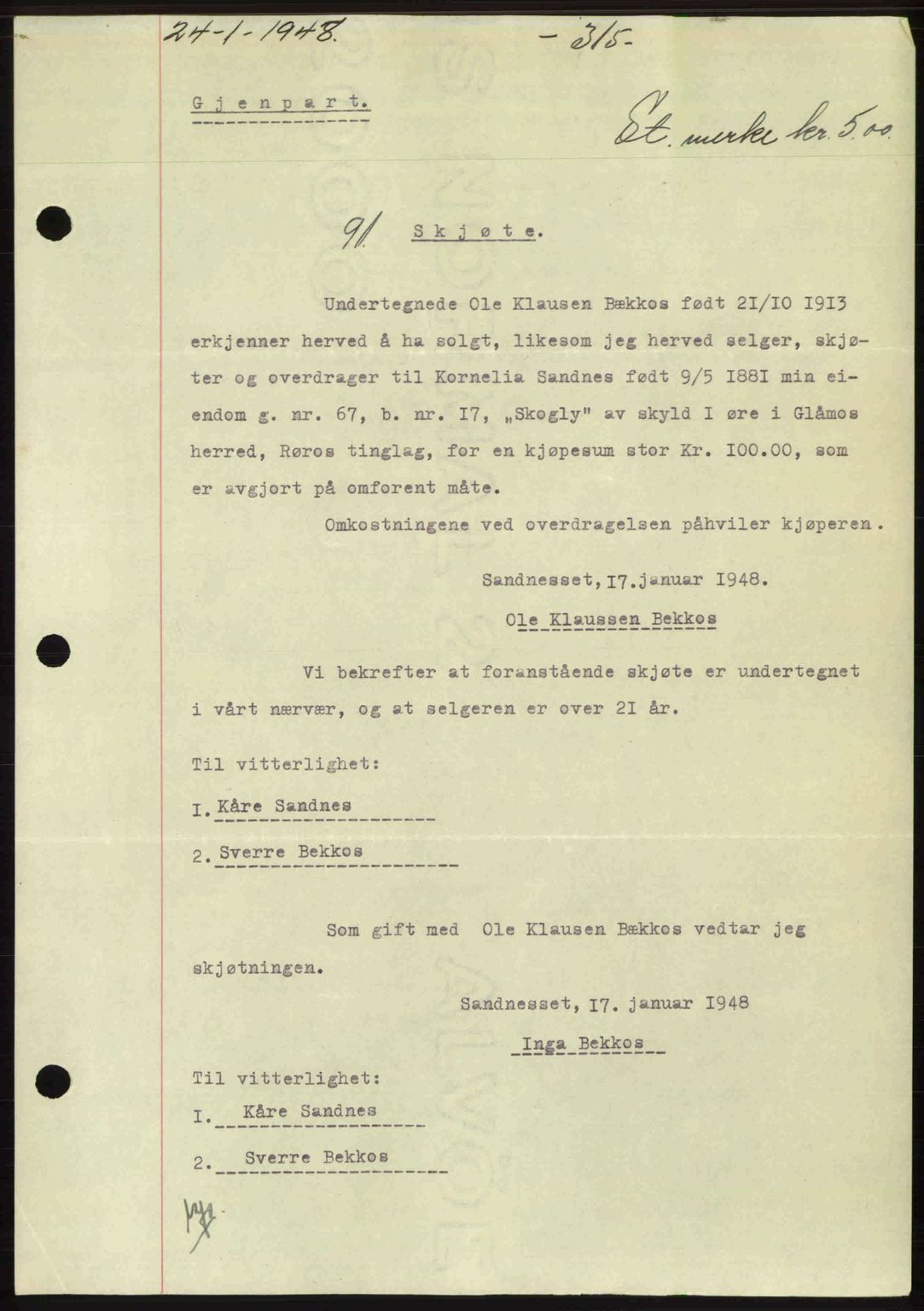 Gauldal sorenskriveri, SAT/A-0014/1/2/2C: Pantebok nr. A5, 1947-1948, Dagboknr: 91/1948