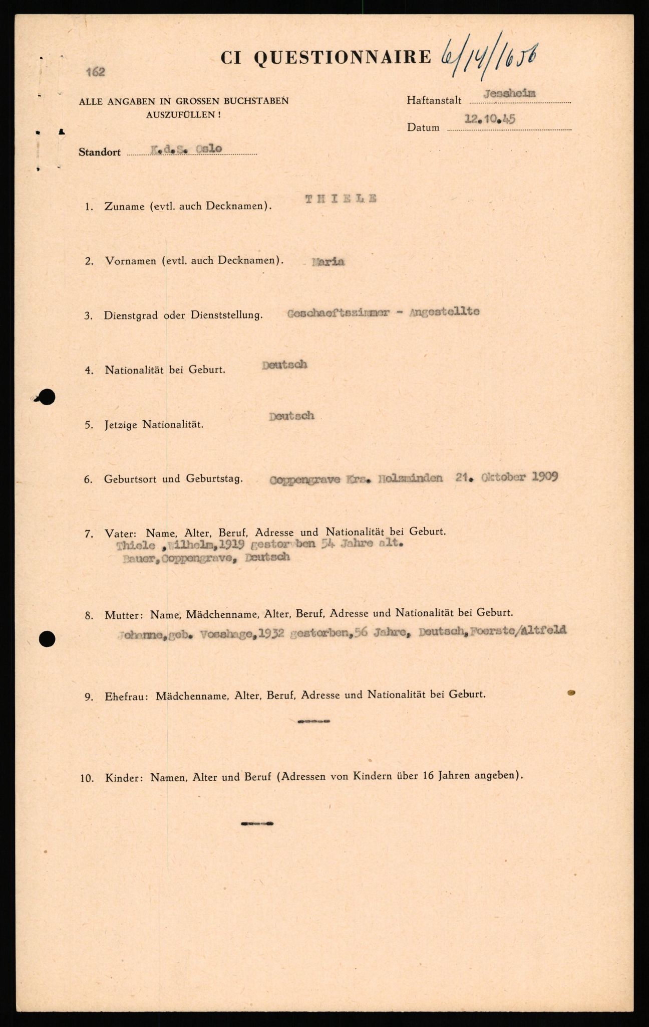 Forsvaret, Forsvarets overkommando II, RA/RAFA-3915/D/Db/L0033: CI Questionaires. Tyske okkupasjonsstyrker i Norge. Tyskere., 1945-1946, s. 440