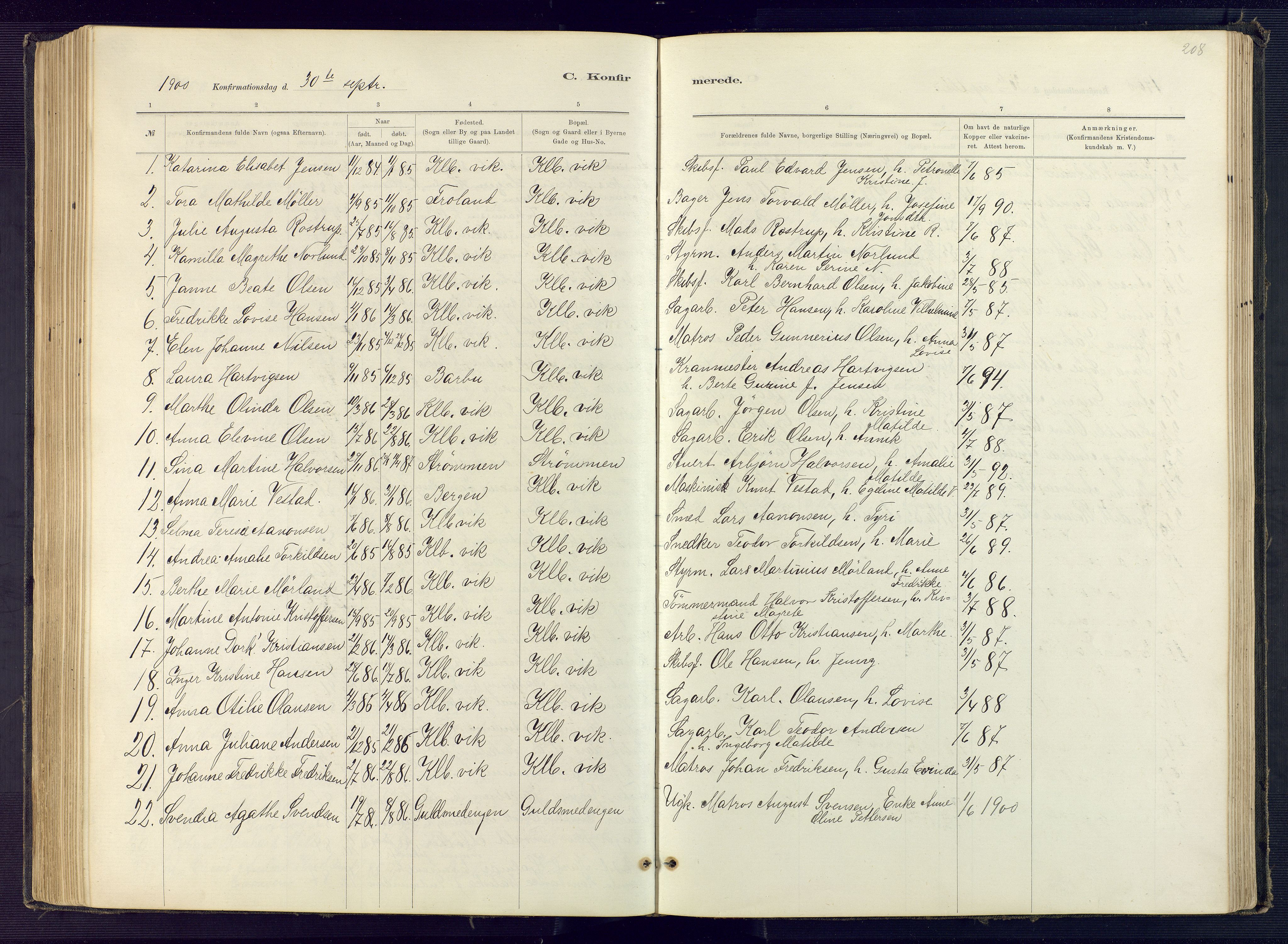 Hisøy sokneprestkontor, AV/SAK-1111-0020/F/Fb/L0003: Klokkerbok nr. B 3, 1885-1905, s. 208