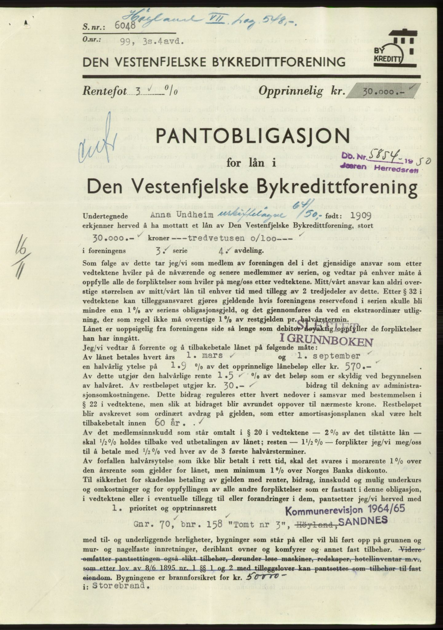 Jæren sorenskriveri, SAST/A-100310/03/G/Gba/L0110: Pantebok, 1950-1950, Dagboknr: 5854/1950