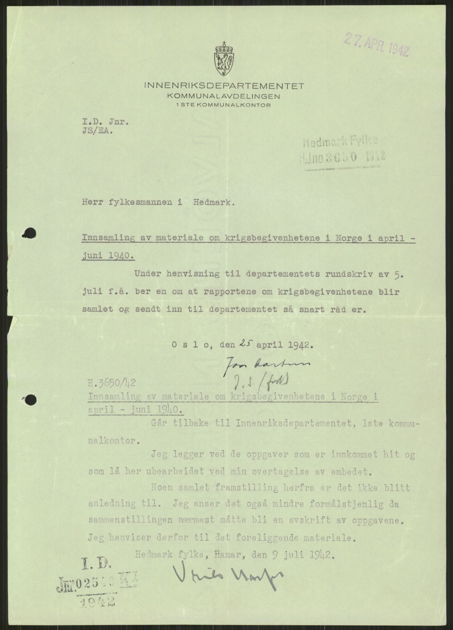 Forsvaret, Forsvarets krigshistoriske avdeling, AV/RA-RAFA-2017/Y/Ya/L0013: II-C-11-31 - Fylkesmenn.  Rapporter om krigsbegivenhetene 1940., 1940, s. 852