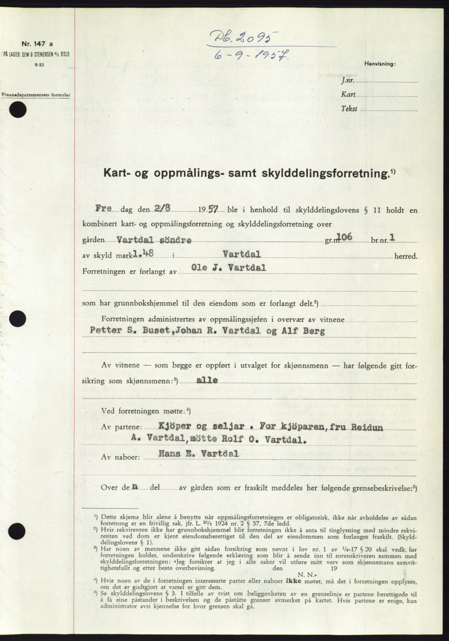 Søre Sunnmøre sorenskriveri, SAT/A-4122/1/2/2C/L0107: Pantebok nr. 33A, 1957-1957, Dagboknr: 2095/1957
