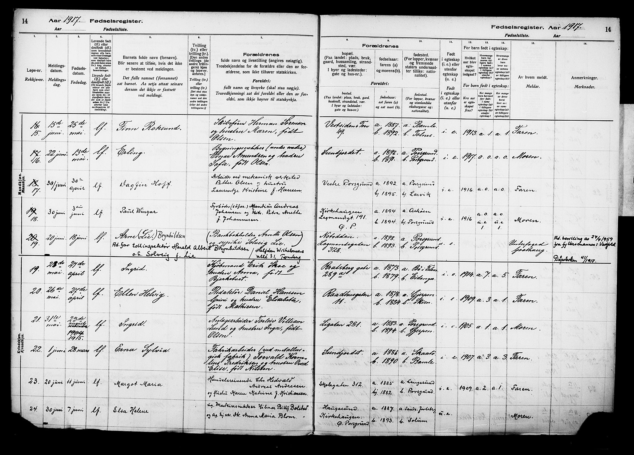 Porsgrunn kirkebøker , AV/SAKO-A-104/J/Ja/L0001: Fødselsregister nr. 1, 1916-1929, s. 14