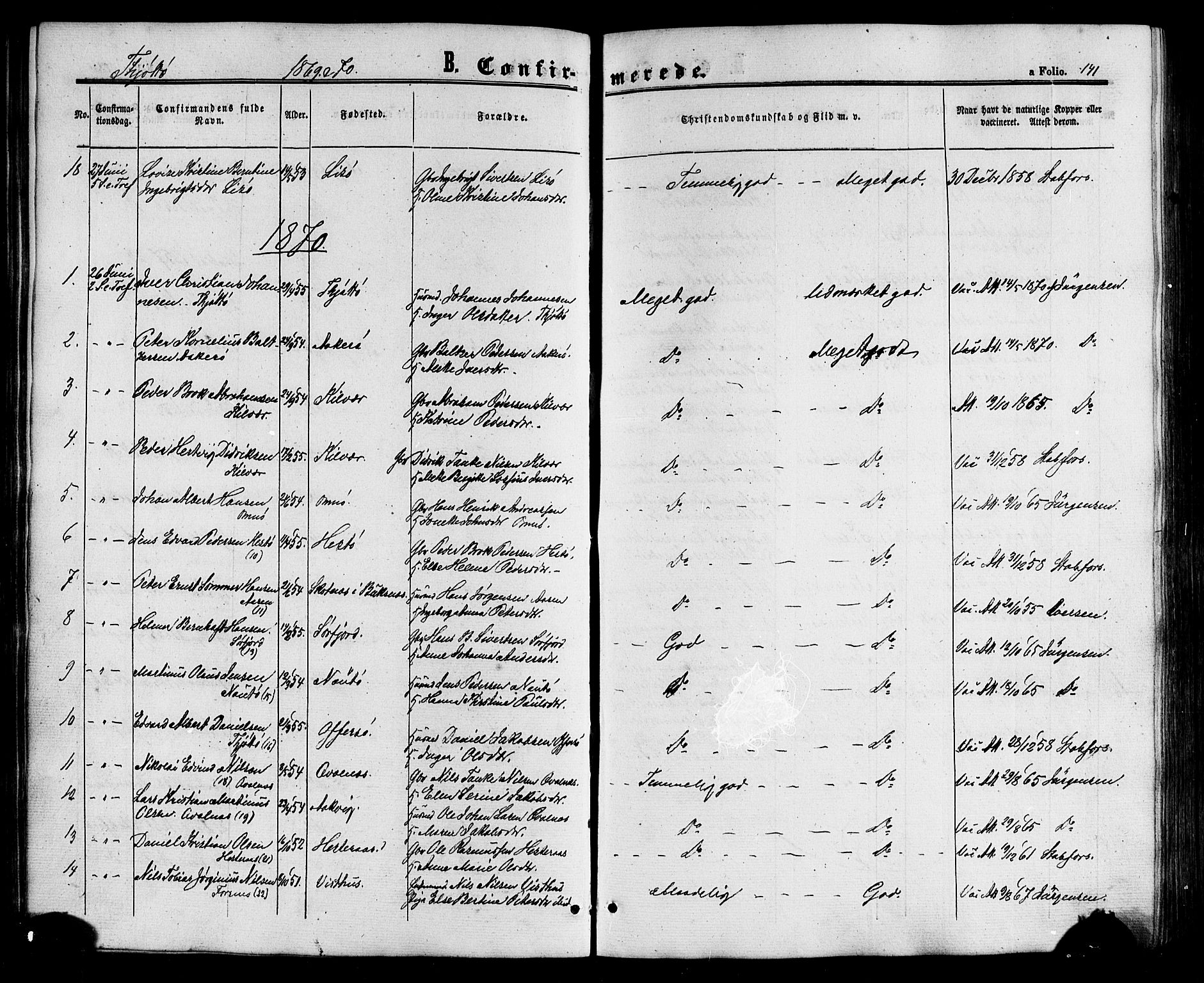 Ministerialprotokoller, klokkerbøker og fødselsregistre - Nordland, SAT/A-1459/817/L0262: Ministerialbok nr. 817A03/ 1, 1862-1877, s. 141