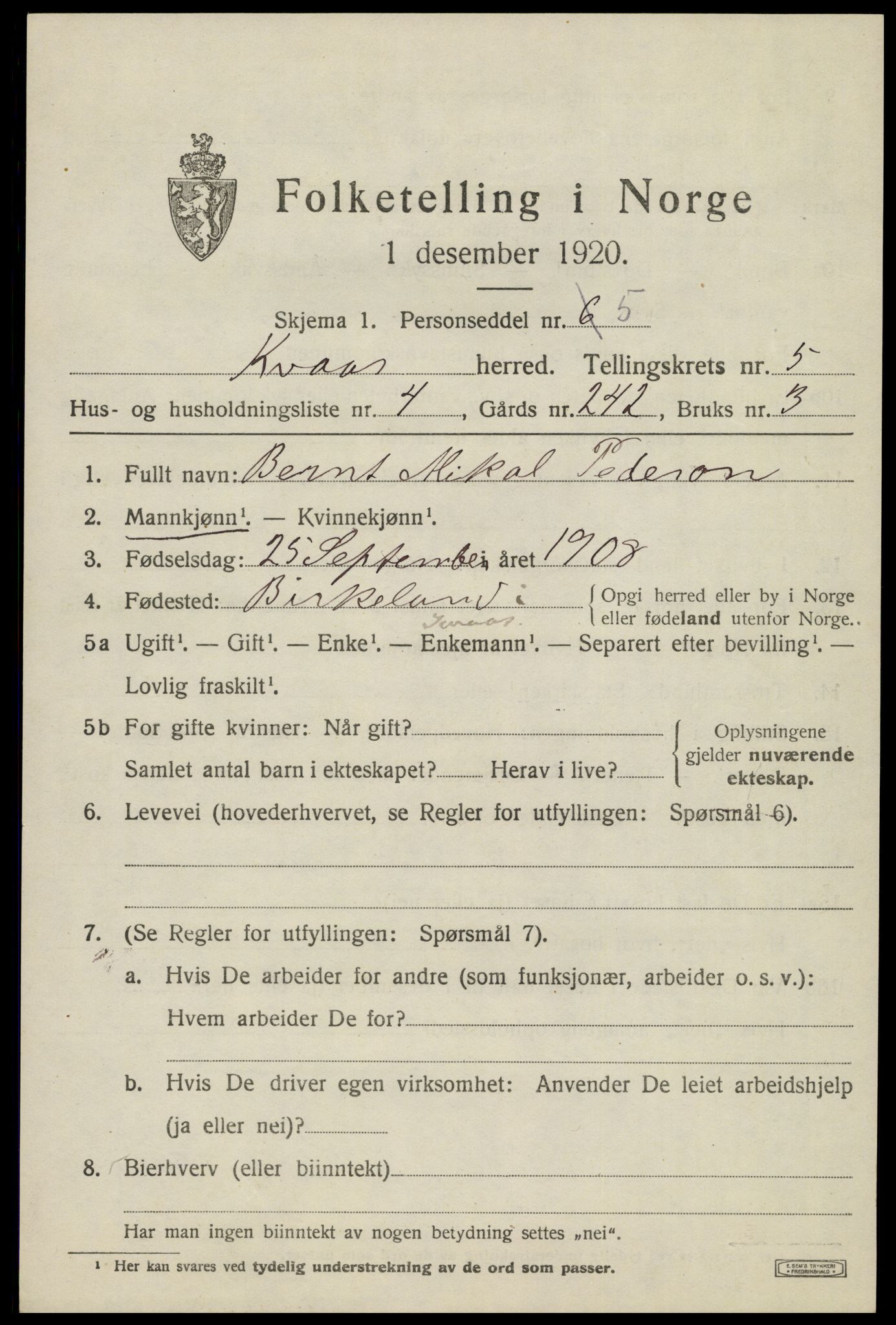 SAK, Folketelling 1920 for 1033 Kvås herred, 1920, s. 1320