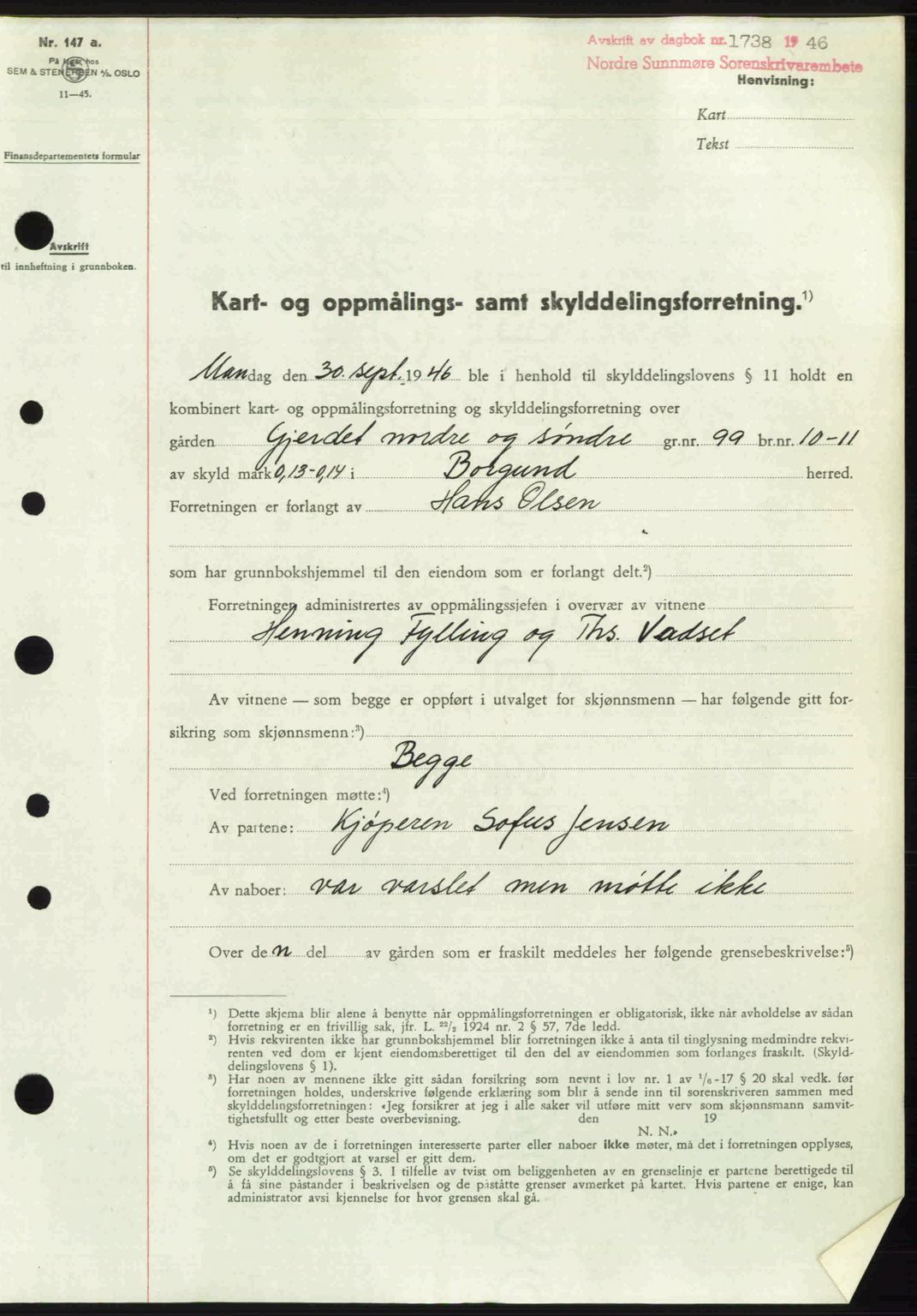 Nordre Sunnmøre sorenskriveri, SAT/A-0006/1/2/2C/2Ca: Pantebok nr. A22, 1946-1946, Dagboknr: 1738/1946