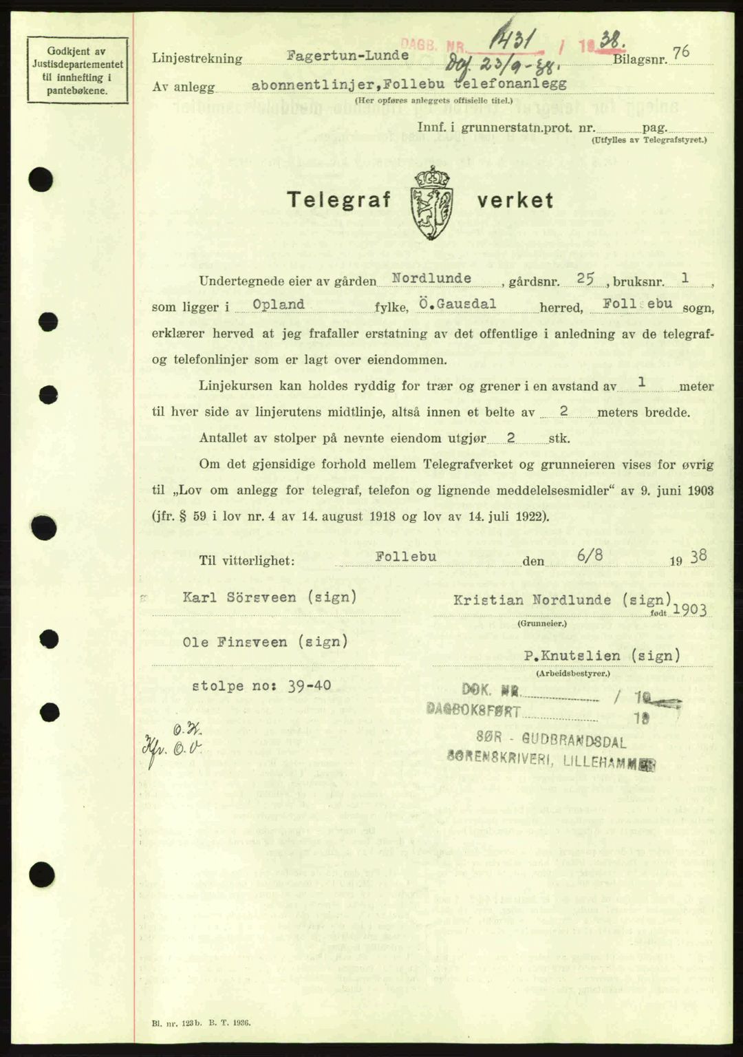 Sør-Gudbrandsdal tingrett, SAH/TING-004/H/Hb/Hbd/L0005: Pantebok nr. A5, 1938-1939, Dagboknr: 1431/1938