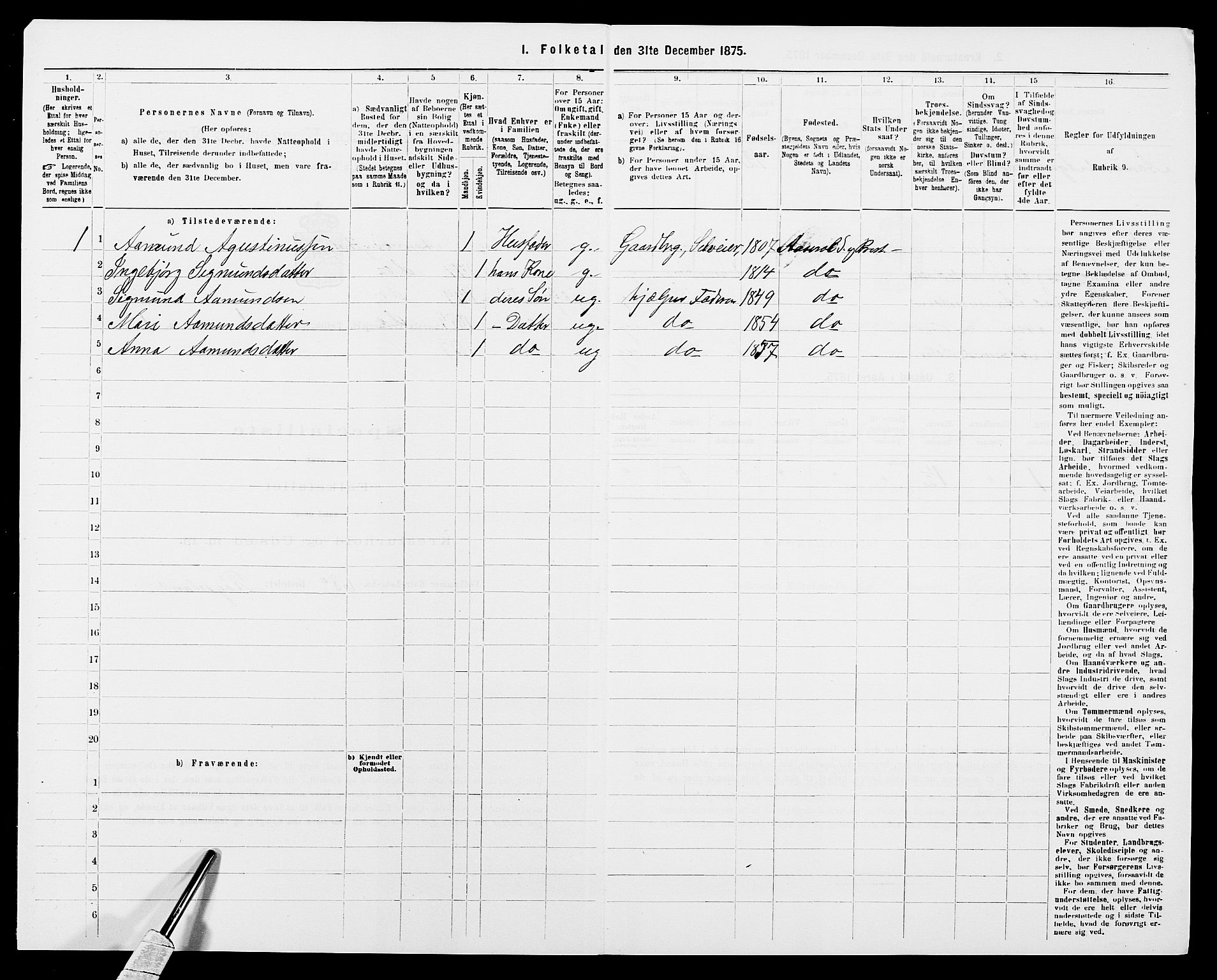 SAK, Folketelling 1875 for 0980P Åseral prestegjeld, 1875, s. 31