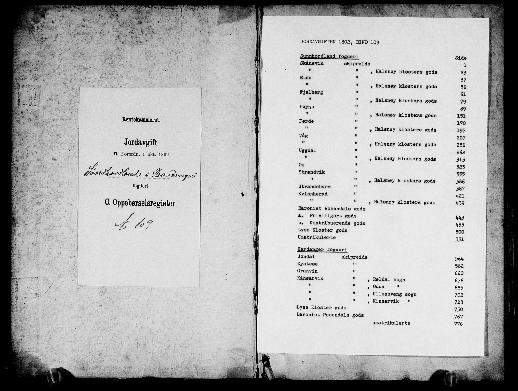 Rentekammeret inntil 1814, Realistisk ordnet avdeling, AV/RA-EA-4070/N/Ne/Nea/L0109: Sunnhordland og Hardanger fogderi. Oppebørselsregister, 1803-1804, s. 1