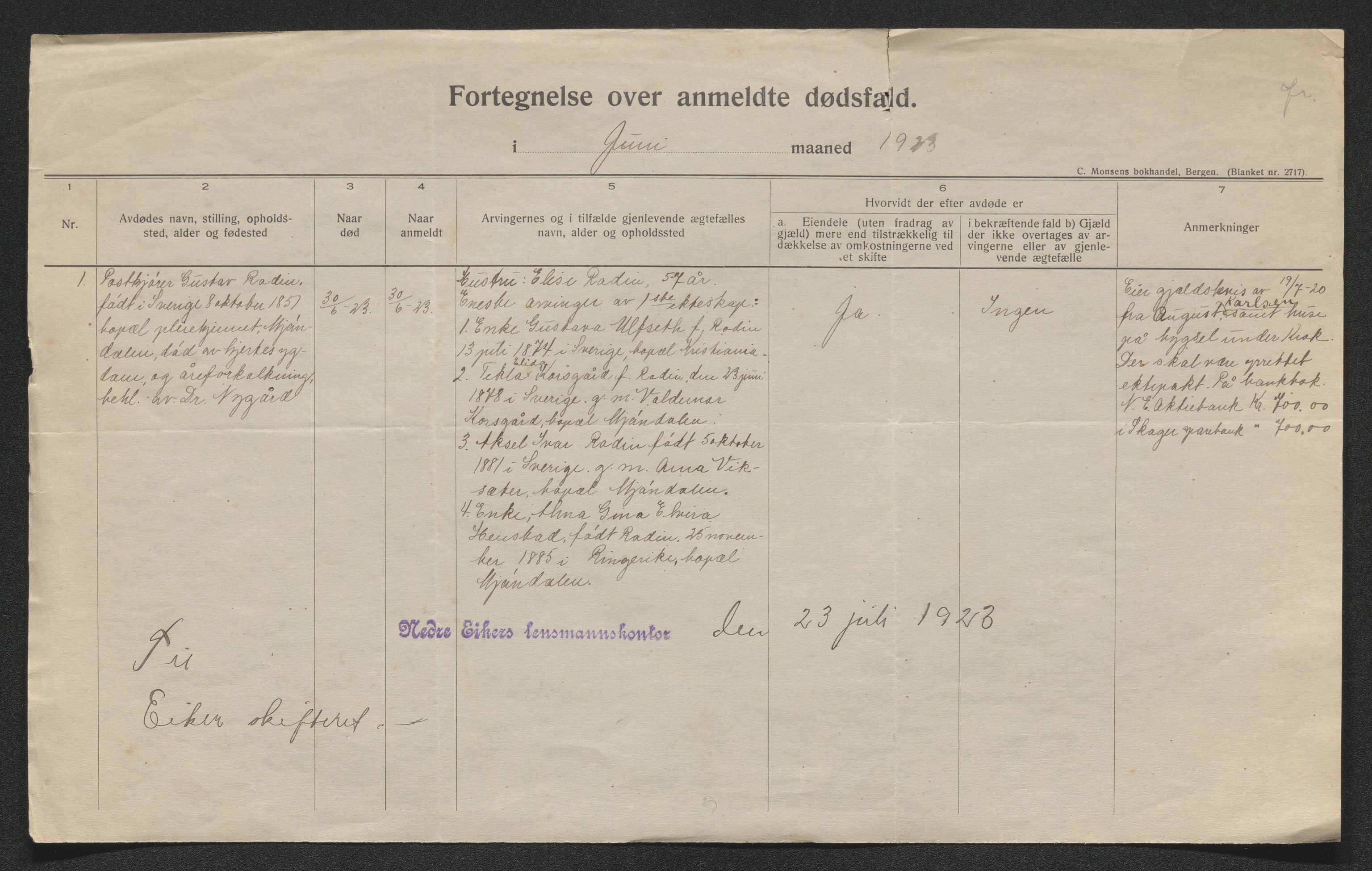 Eiker, Modum og Sigdal sorenskriveri, AV/SAKO-A-123/H/Ha/Hab/L0041: Dødsfallsmeldinger, 1922-1923, s. 759