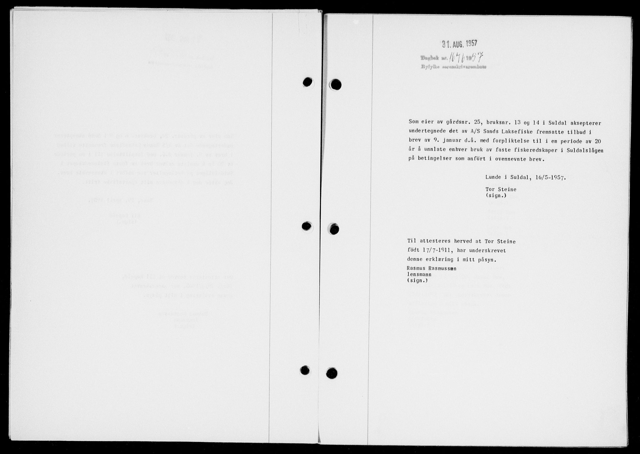 Ryfylke tingrett, SAST/A-100055/001/II/IIB/L0138: Pantebok nr. 117, 1957-1957, Dagboknr: 1676/1957