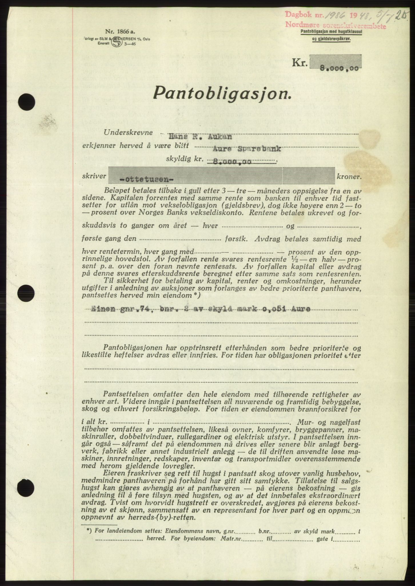 Nordmøre sorenskriveri, SAT/A-4132/1/2/2Ca: Pantebok nr. B99, 1948-1948, Dagboknr: 1986/1948