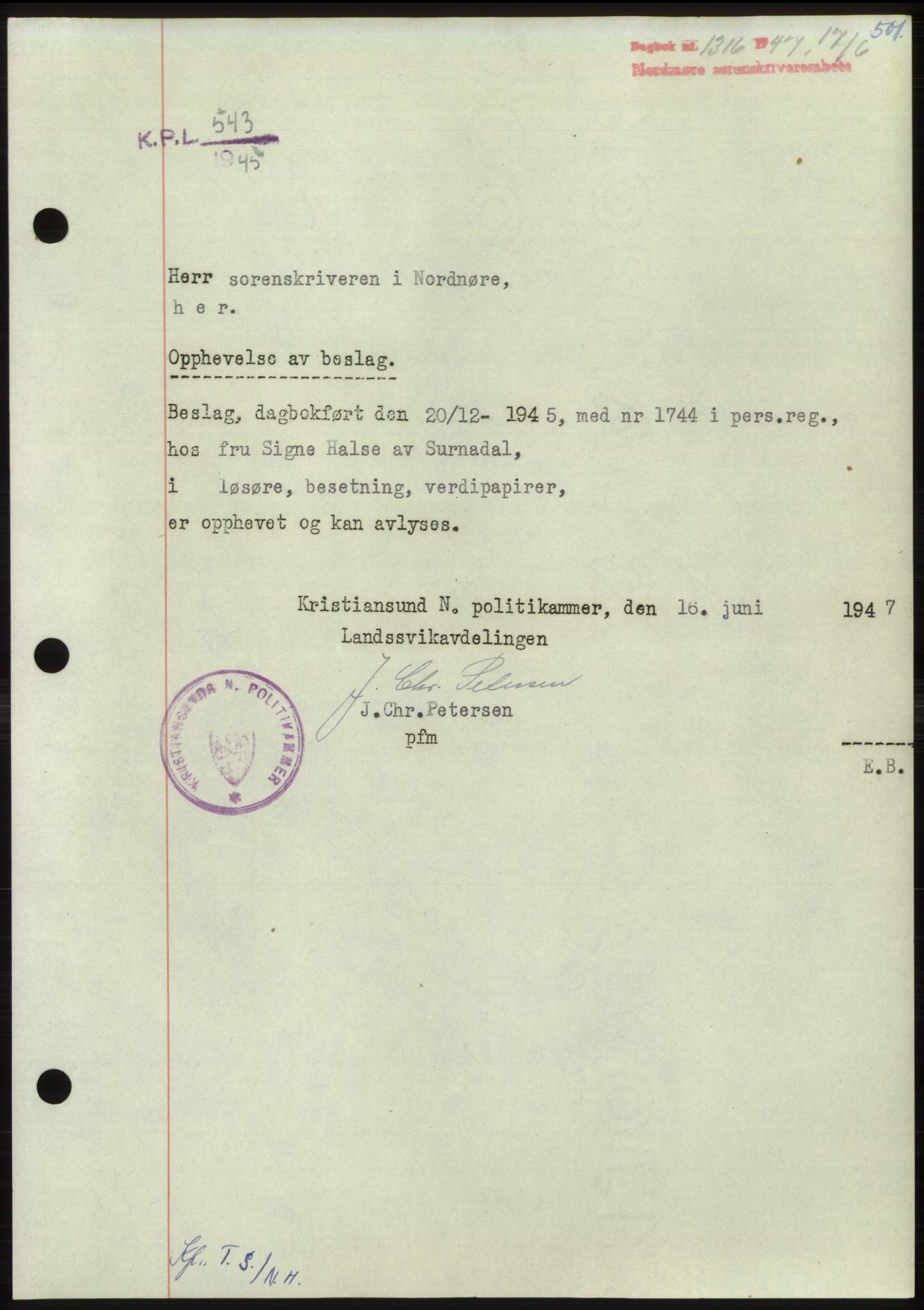 Nordmøre sorenskriveri, SAT/A-4132/1/2/2Ca: Pantebok nr. B96, 1947-1947, Dagboknr: 1316/1947