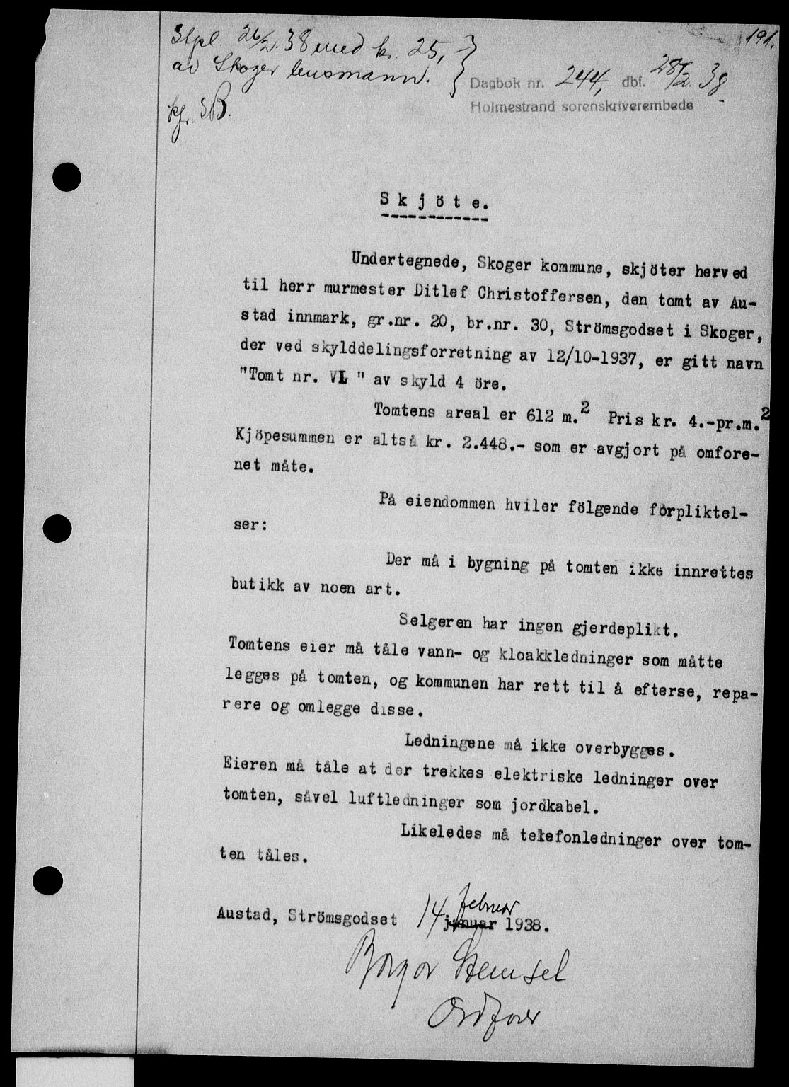 Holmestrand sorenskriveri, SAKO/A-67/G/Ga/Gaa/L0049: Pantebok nr. A-49, 1937-1938, Dagboknr: 244/1938