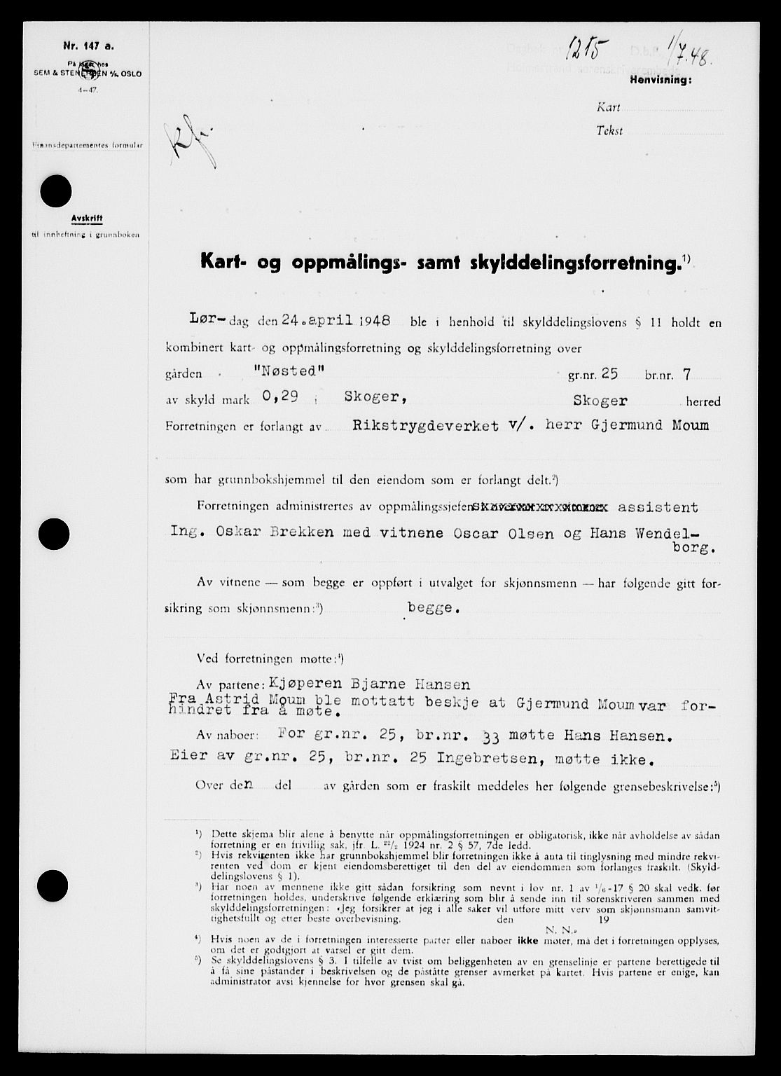 Holmestrand sorenskriveri, SAKO/A-67/G/Ga/Gaa/L0064: Pantebok nr. A-64, 1948-1948, Dagboknr: 1215/1948