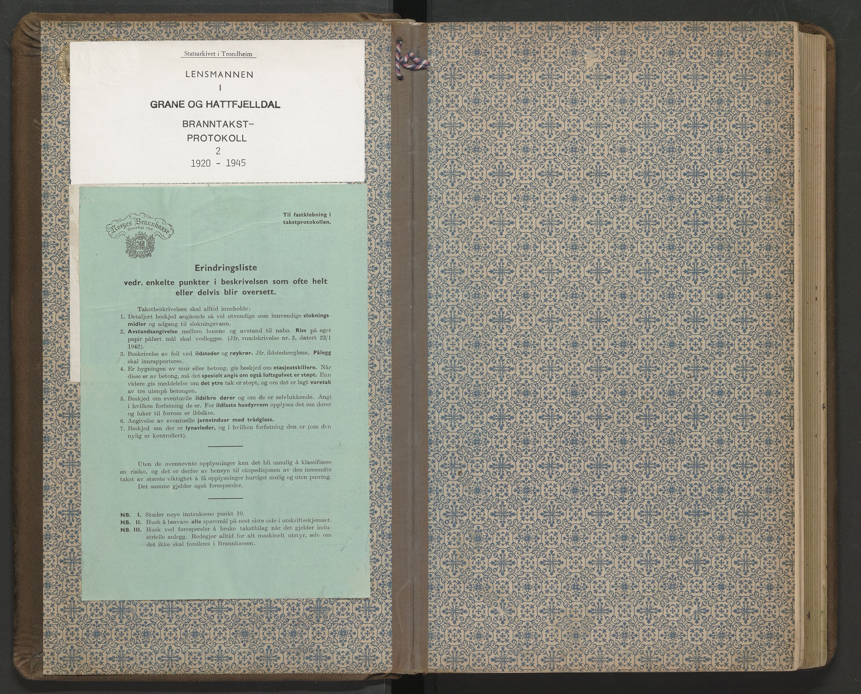 Grane og Hattfjelldal lensmannskontor, SAT/A-5688/1/12/12a/L0002: Branntakstprotokoll, 1920-1945