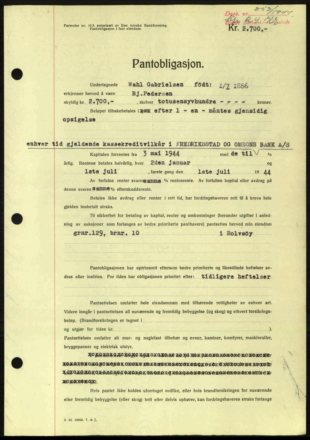Onsøy sorenskriveri, SAO/A-10474/G/Ga/Gac/L0003: Pantebok nr. B3, 1940-1944, Dagboknr: 853/1944