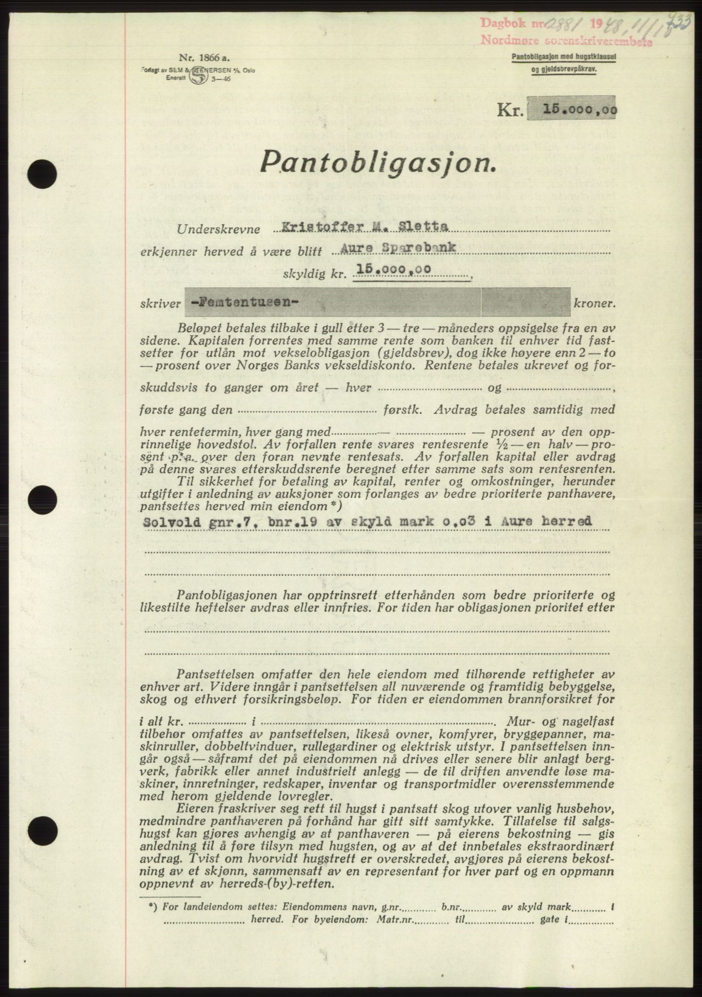 Nordmøre sorenskriveri, SAT/A-4132/1/2/2Ca: Pantebok nr. B99, 1948-1948, Dagboknr: 2881/1948