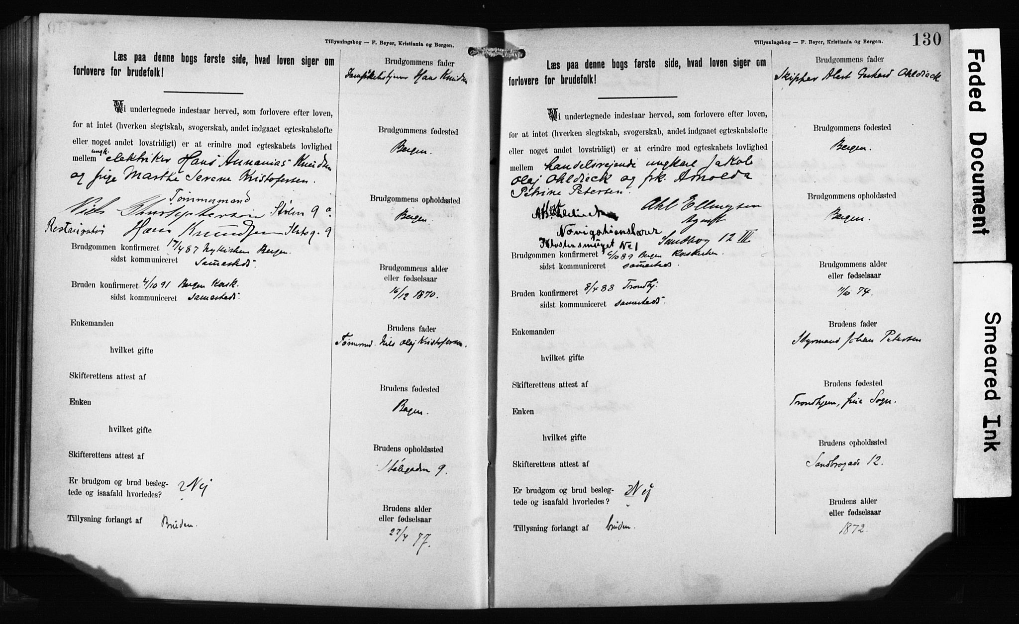 Mariakirken Sokneprestembete, SAB/A-76901: Forlovererklæringer nr. II.5.1, 1891-1901, s. 130