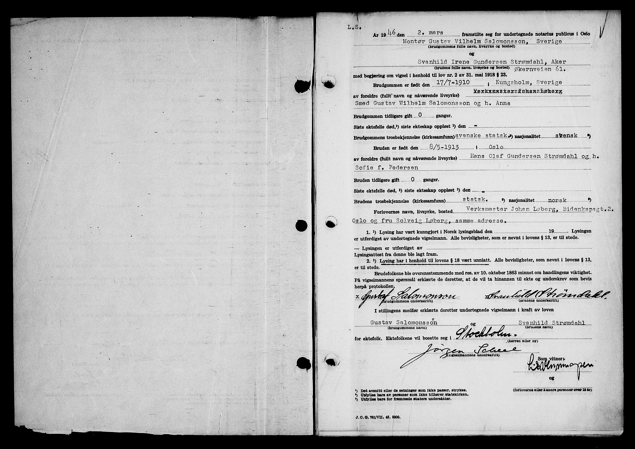 Oslo byfogd avd. I, SAO/A-10220/L/Lb/Lbb/L0056: Notarialprotokoll, rekke II: Vigsler, 1946