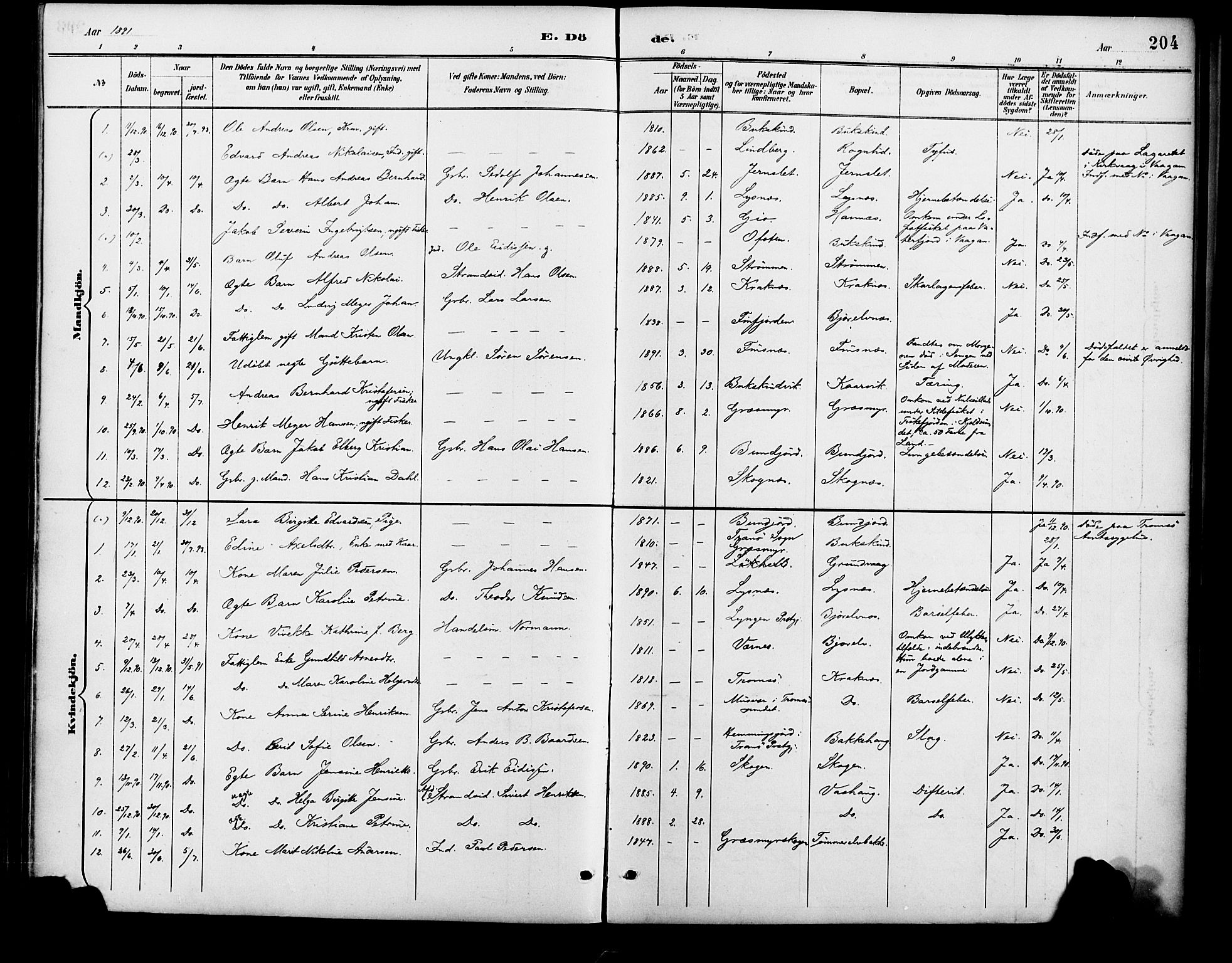 Lenvik sokneprestembete, AV/SATØ-S-1310/H/Ha/Haa/L0013kirke: Ministerialbok nr. 13, 1890-1898, s. 204