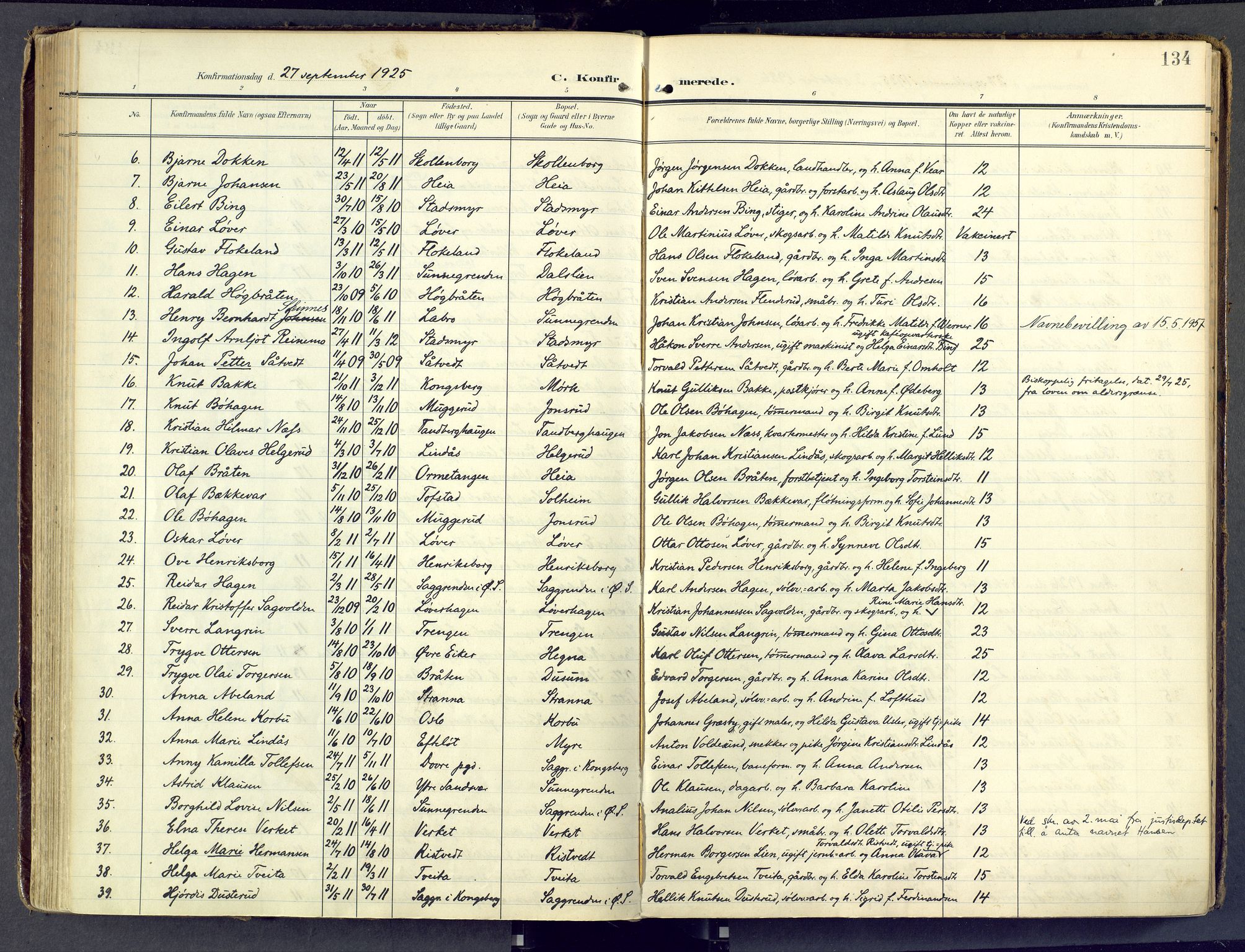Sandsvær kirkebøker, AV/SAKO-A-244/F/Fd/L0002: Ministerialbok nr. IV 2, 1906-1943, s. 134