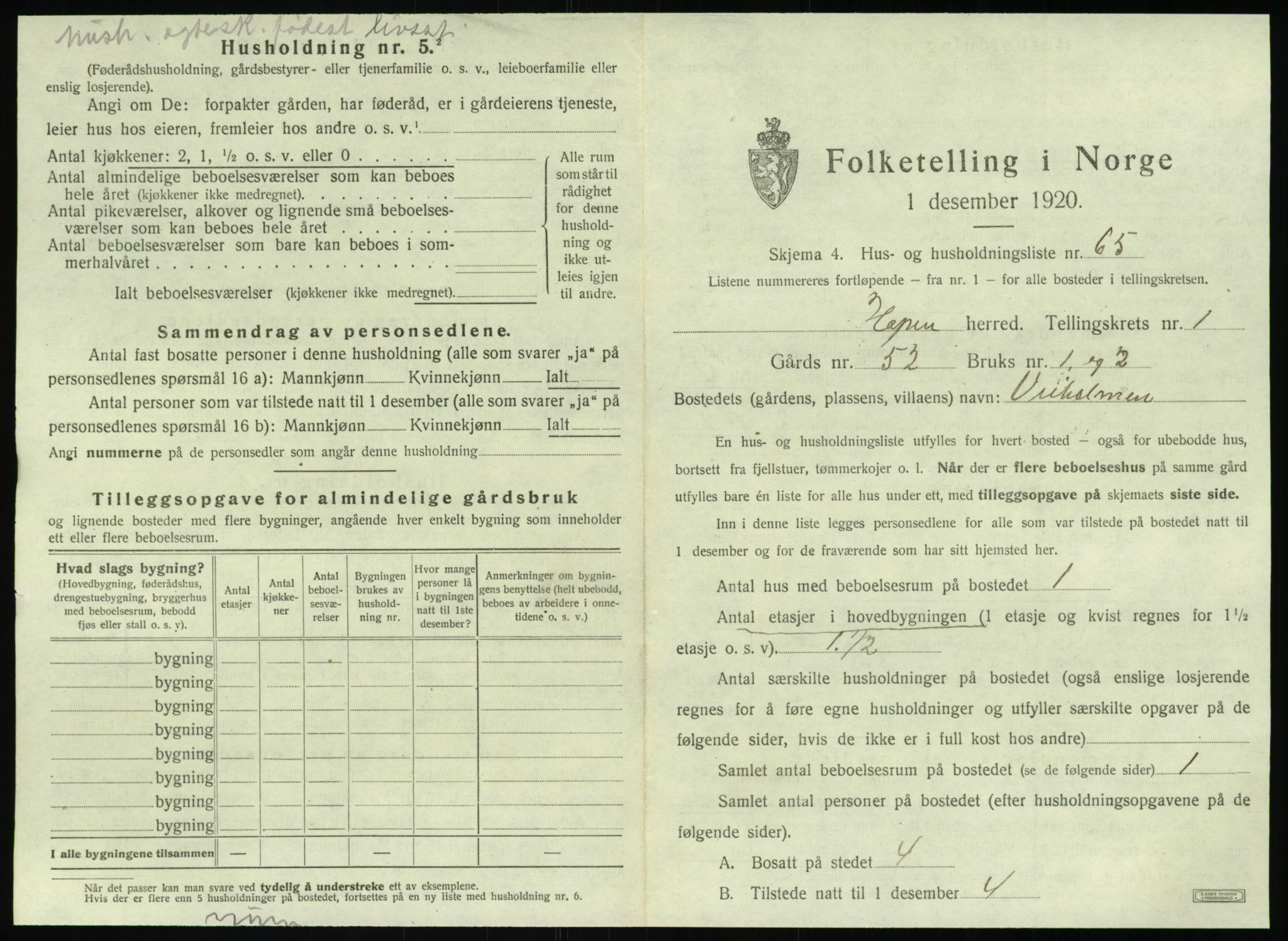 SAT, Folketelling 1920 for 1575 Hopen herred, 1920, s. 154