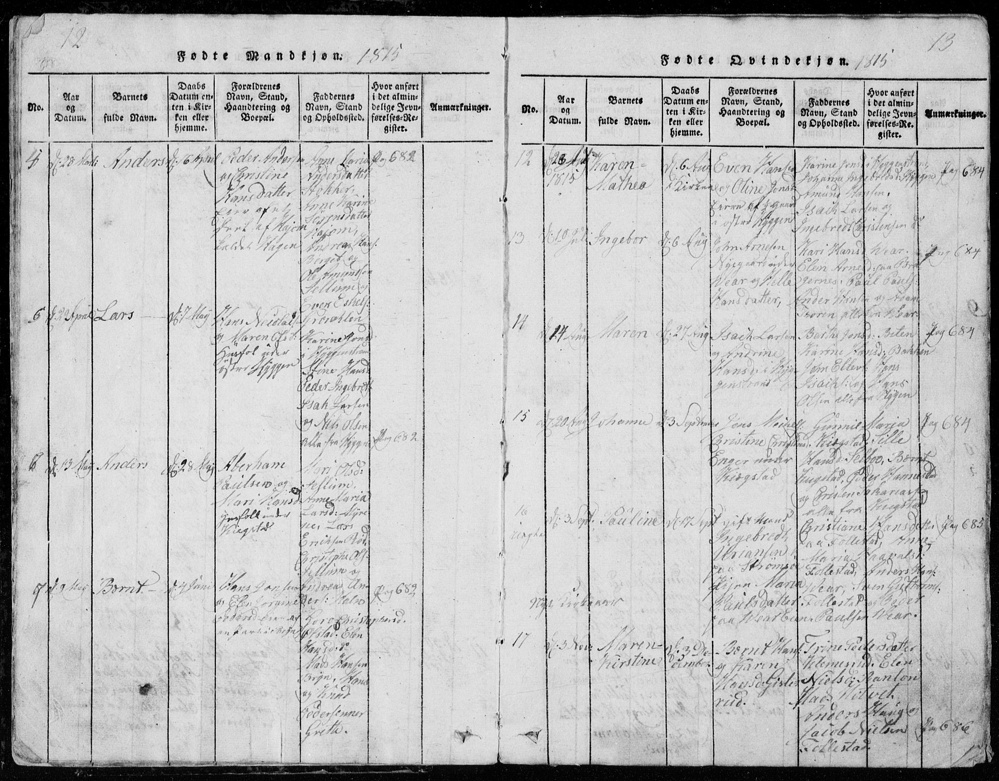 Røyken kirkebøker, AV/SAKO-A-241/G/Ga/L0003: Klokkerbok nr. 3, 1814-1856, s. 12-13