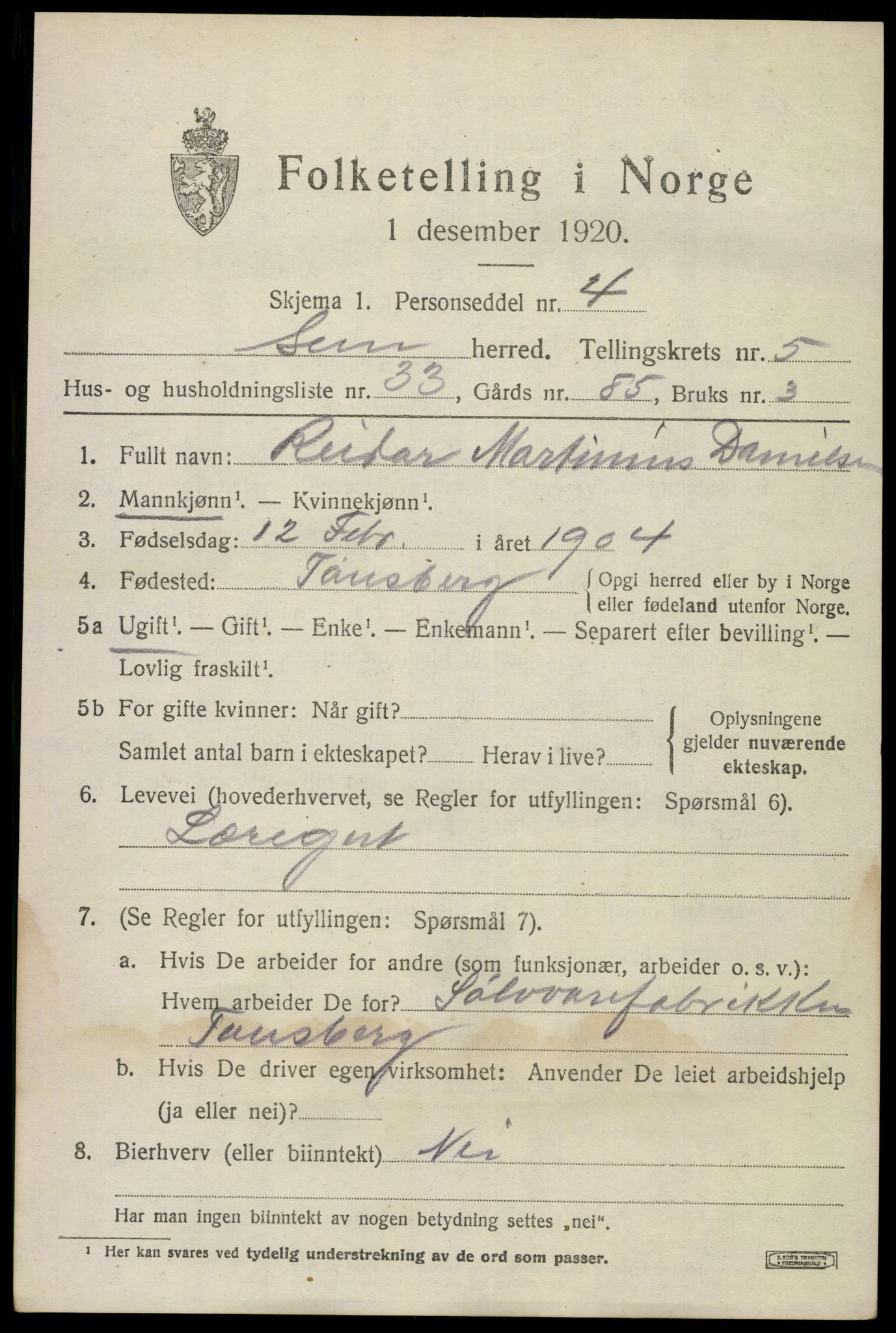 SAKO, Folketelling 1920 for 0721 Sem herred, 1920, s. 8161