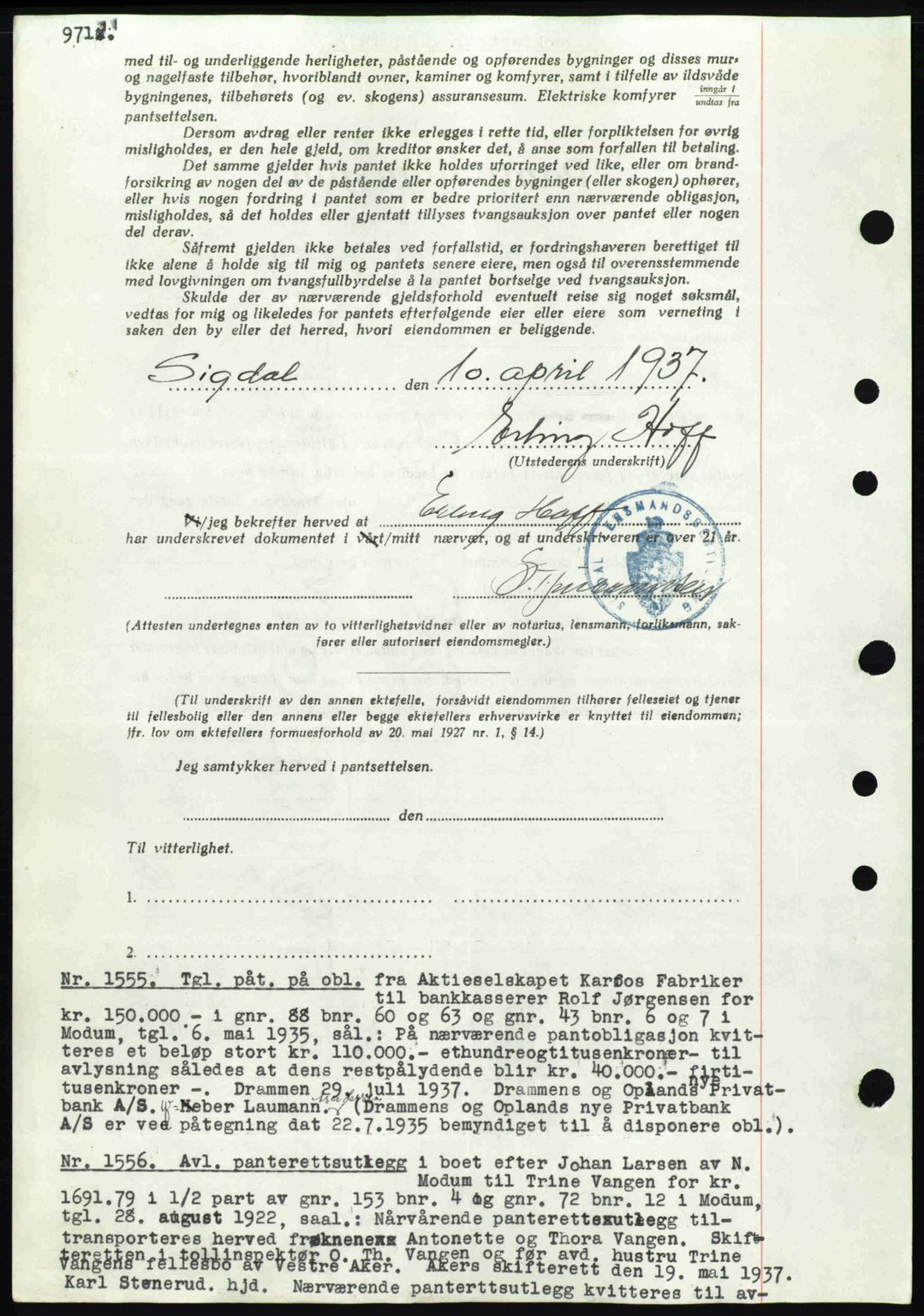 Eiker, Modum og Sigdal sorenskriveri, SAKO/A-123/G/Ga/Gab/L0035: Pantebok nr. A5, 1937-1937, Dagboknr: 1555/1937