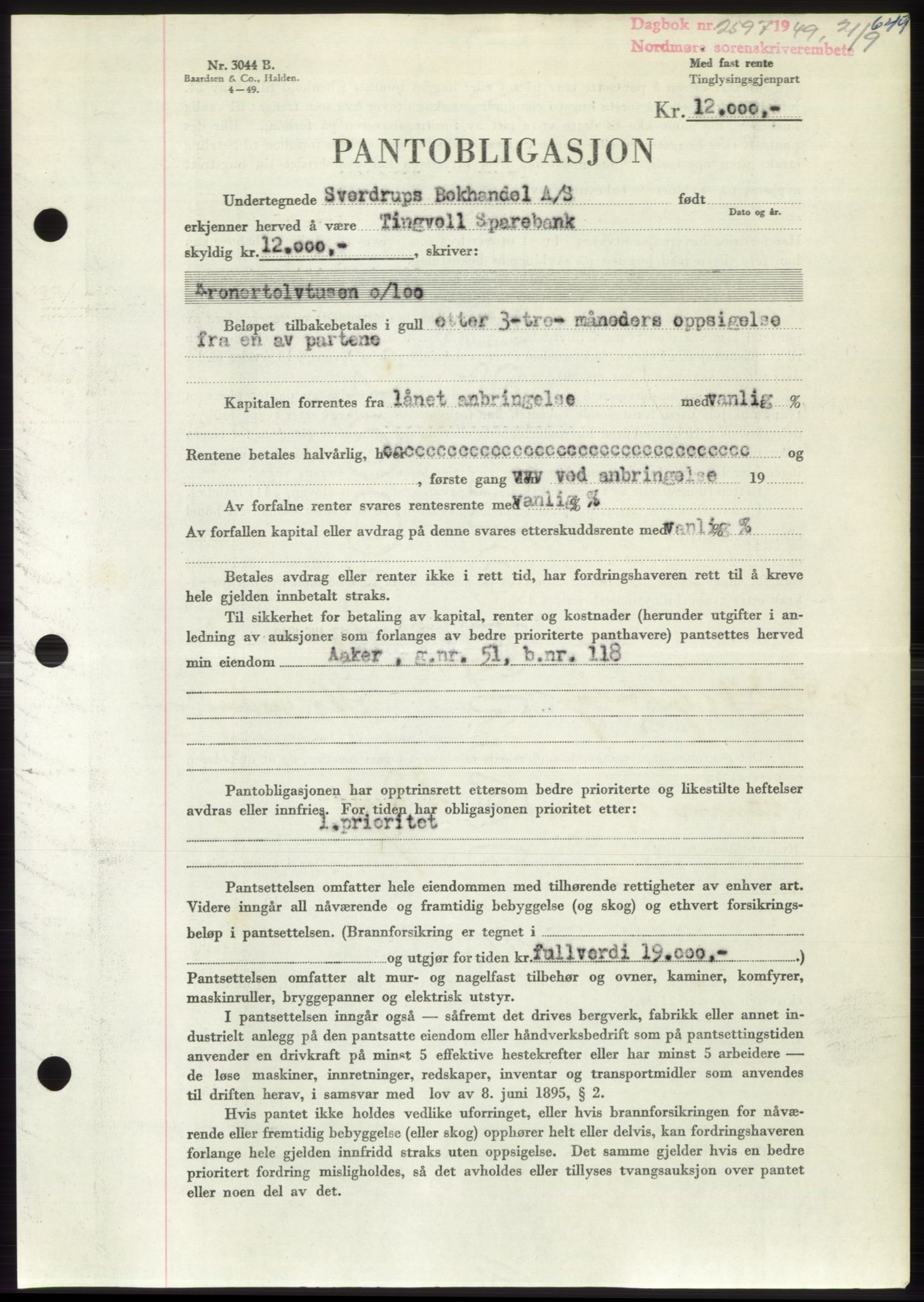 Nordmøre sorenskriveri, SAT/A-4132/1/2/2Ca: Pantebok nr. B102, 1949-1949, Dagboknr: 2597/1949