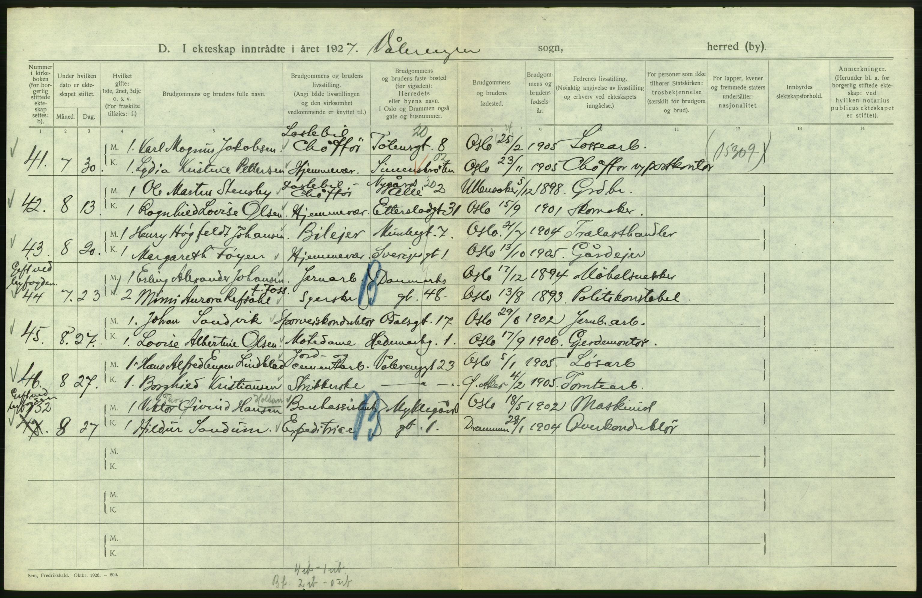 Statistisk sentralbyrå, Sosiodemografiske emner, Befolkning, AV/RA-S-2228/D/Df/Dfc/Dfcg/L0008: Oslo: Gifte, 1927, s. 594