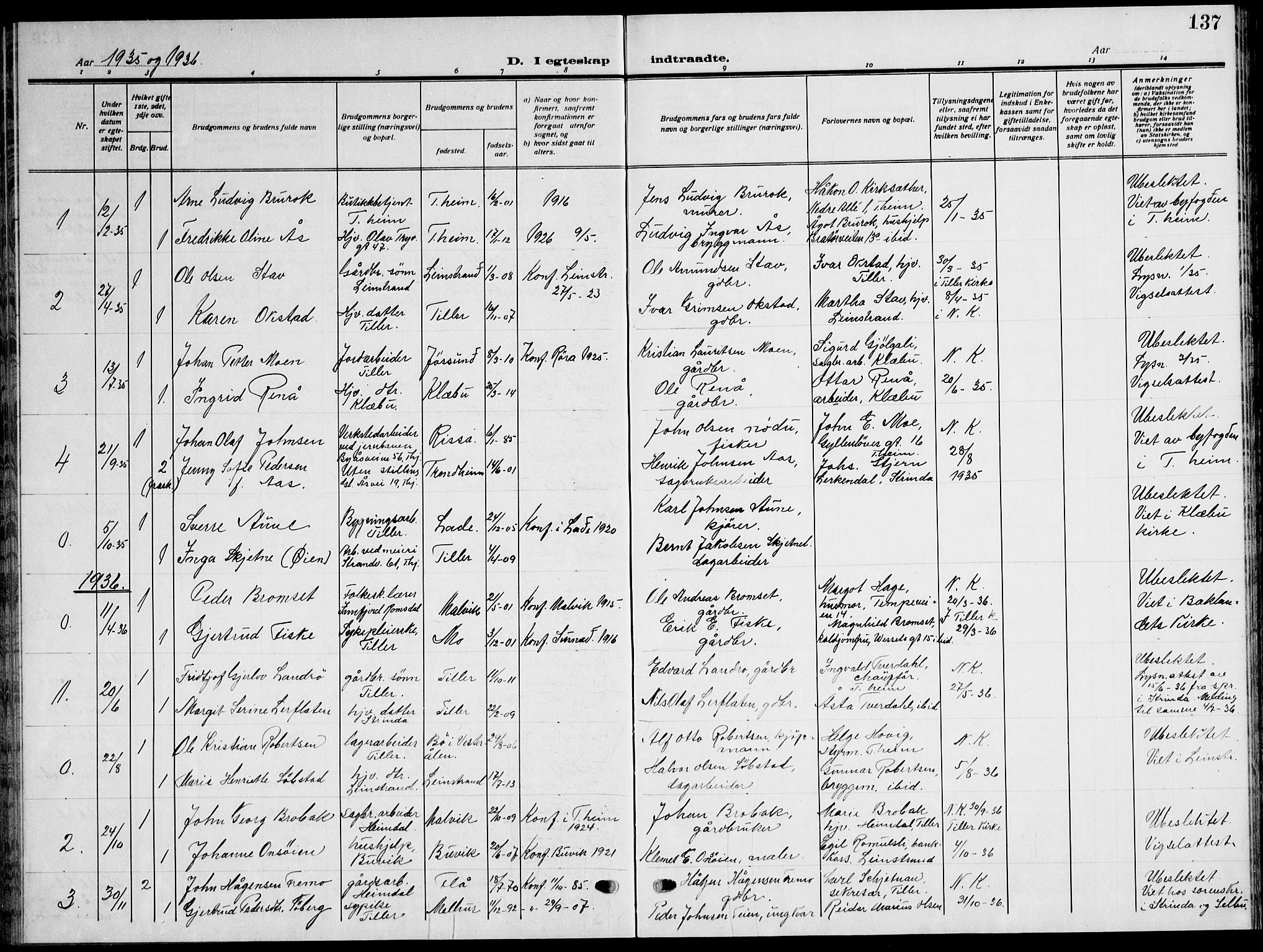 Ministerialprotokoller, klokkerbøker og fødselsregistre - Sør-Trøndelag, AV/SAT-A-1456/621/L0462: Klokkerbok nr. 621C05, 1915-1945, s. 137