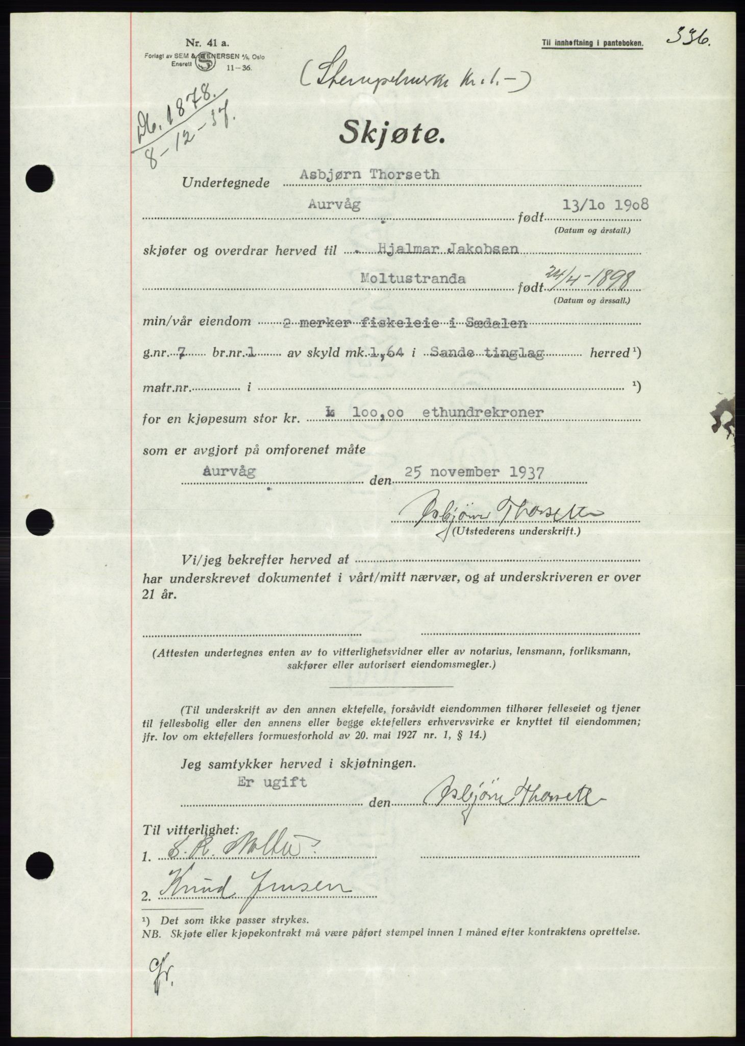 Søre Sunnmøre sorenskriveri, SAT/A-4122/1/2/2C/L0064: Pantebok nr. 58, 1937-1938, Dagboknr: 1878/1937