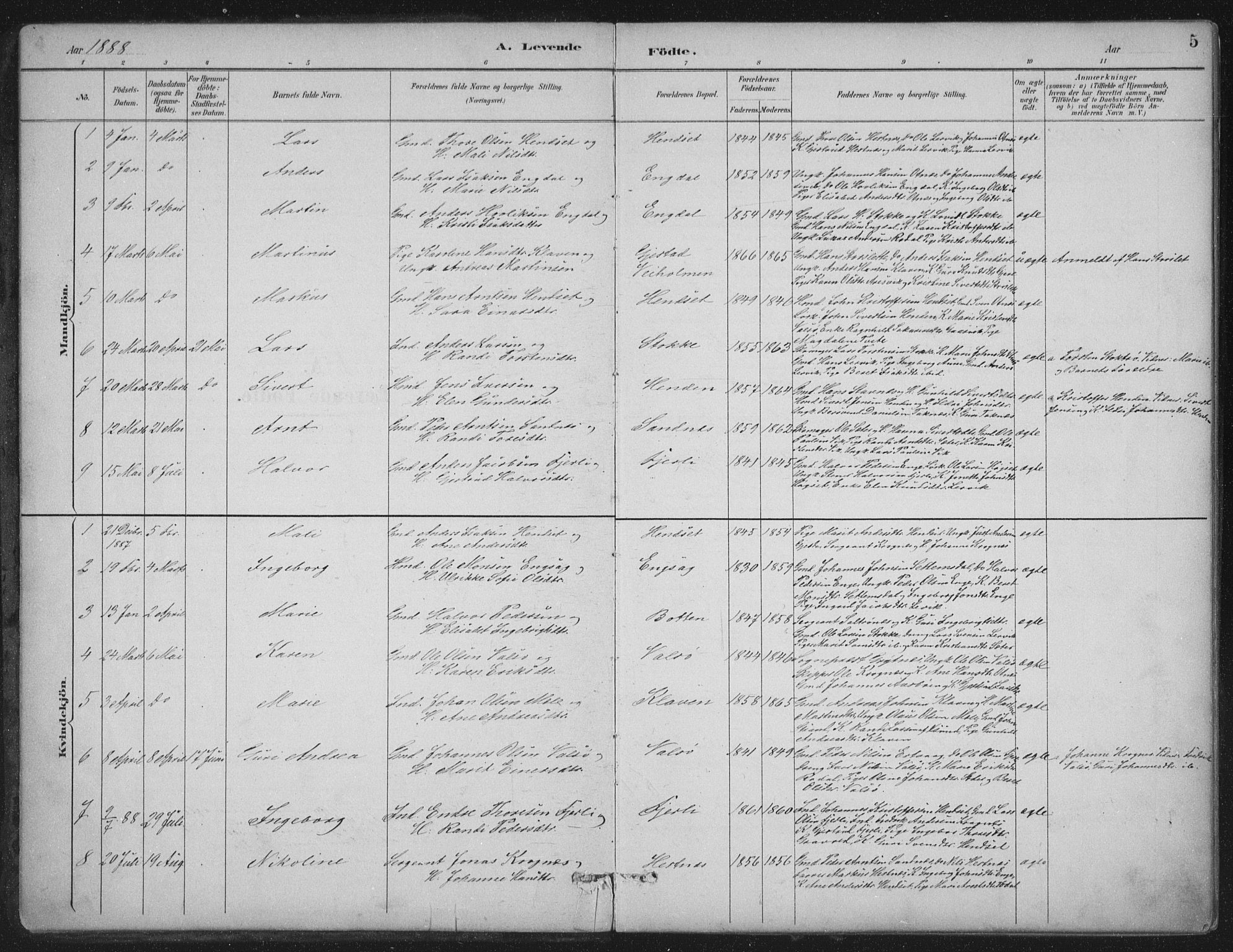 Ministerialprotokoller, klokkerbøker og fødselsregistre - Møre og Romsdal, SAT/A-1454/580/L0925: Ministerialbok nr. 580A02, 1888-1913, s. 5