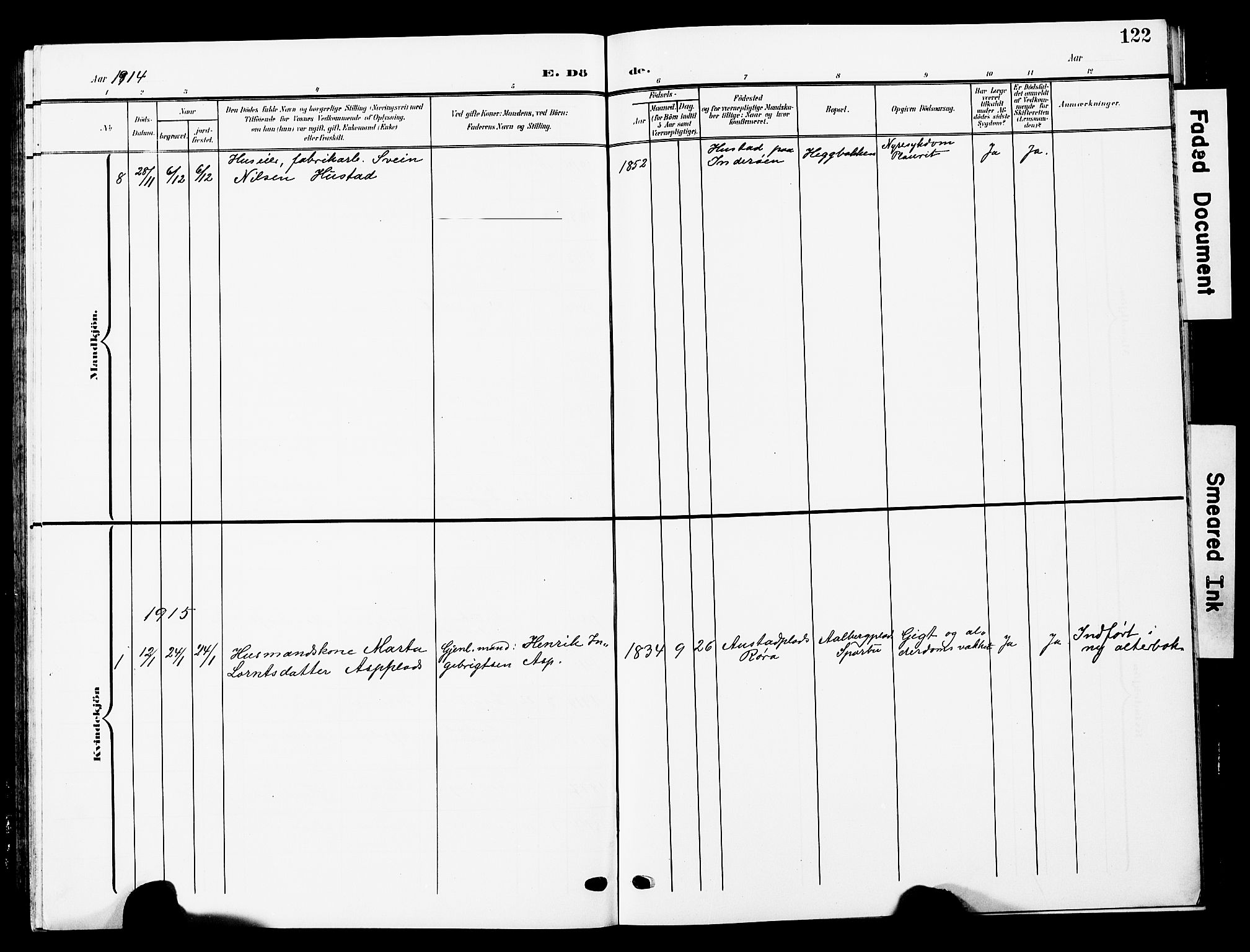 Ministerialprotokoller, klokkerbøker og fødselsregistre - Nord-Trøndelag, SAT/A-1458/740/L0381: Klokkerbok nr. 740C02, 1903-1914, s. 122