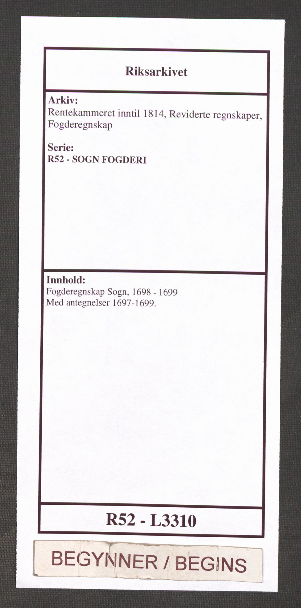Rentekammeret inntil 1814, Reviderte regnskaper, Fogderegnskap, RA/EA-4092/R52/L3310: Fogderegnskap Sogn, 1698-1699, s. 1