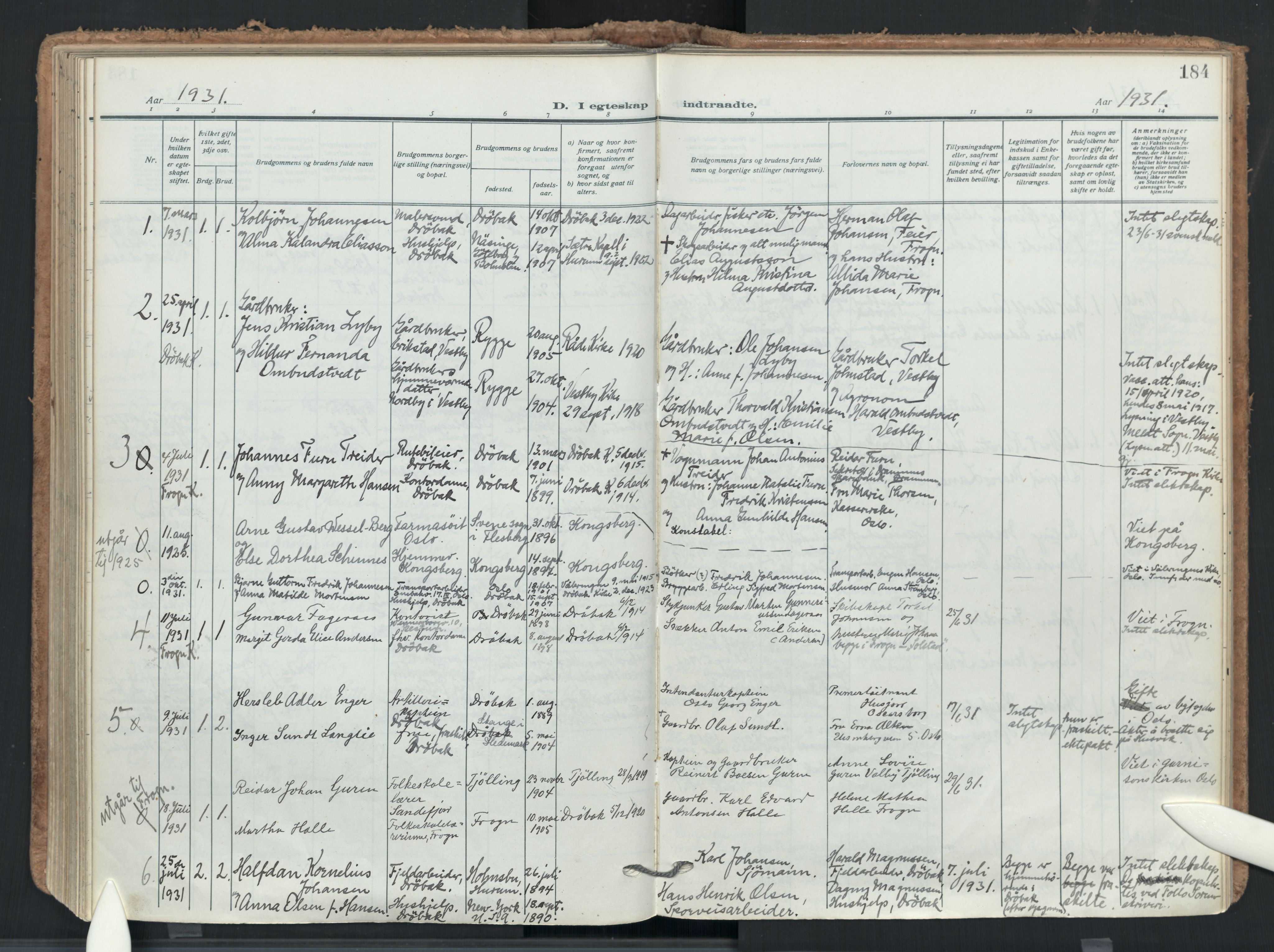 Drøbak prestekontor Kirkebøker, AV/SAO-A-10142a/F/Fb/L0004: Ministerialbok nr. II 4, 1918-1933, s. 184