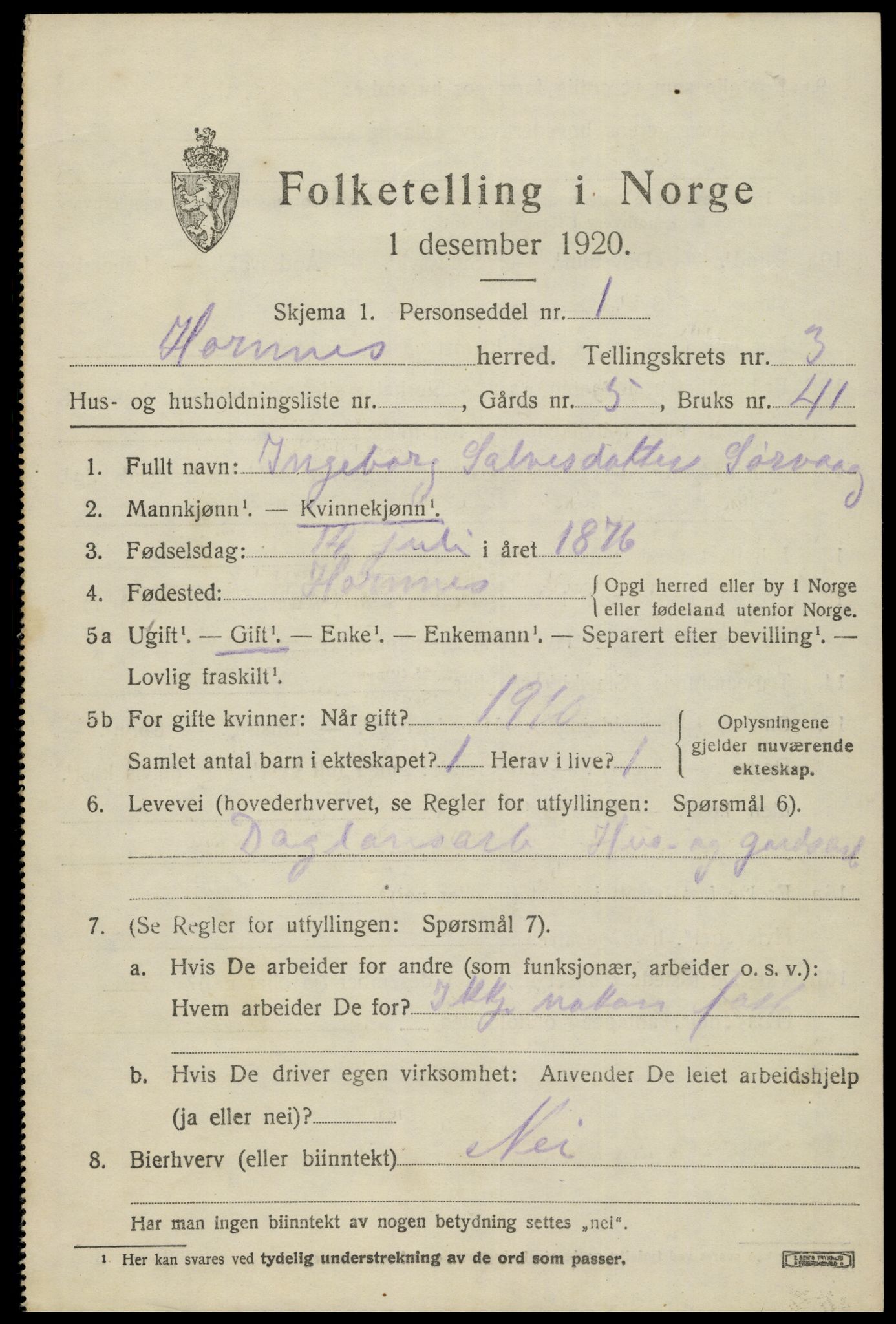 SAK, Folketelling 1920 for 0936 Hornnes herred, 1920, s. 921