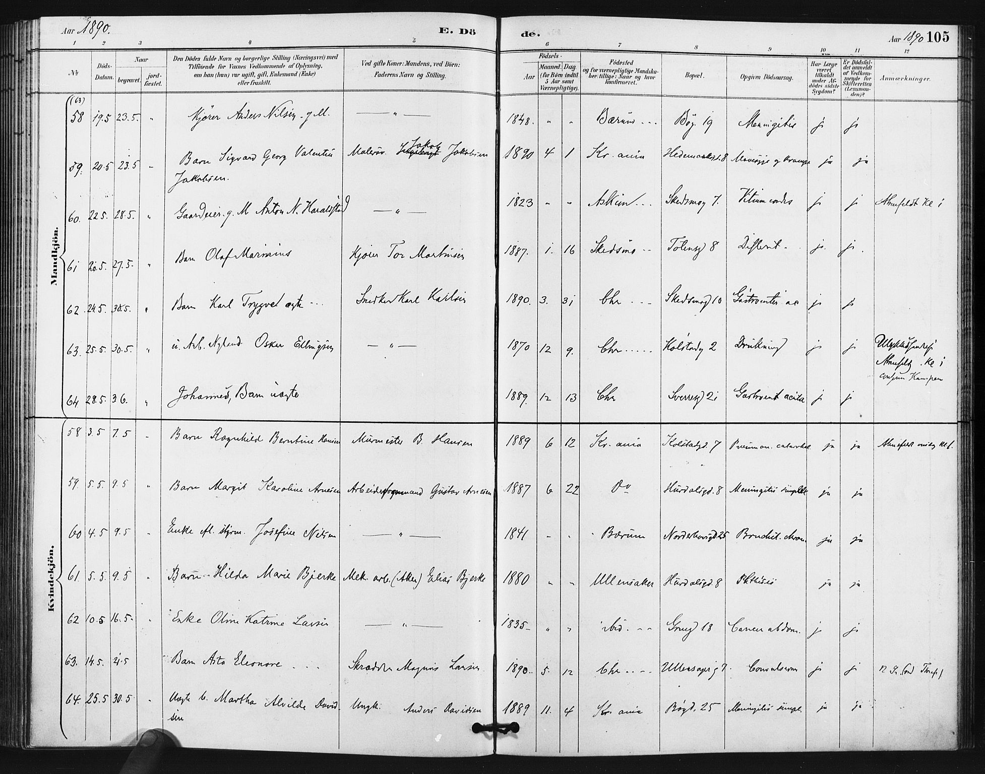 Kampen prestekontor Kirkebøker, AV/SAO-A-10853/F/Fa/L0006: Ministerialbok nr. I 6, 1889-1896, s. 105