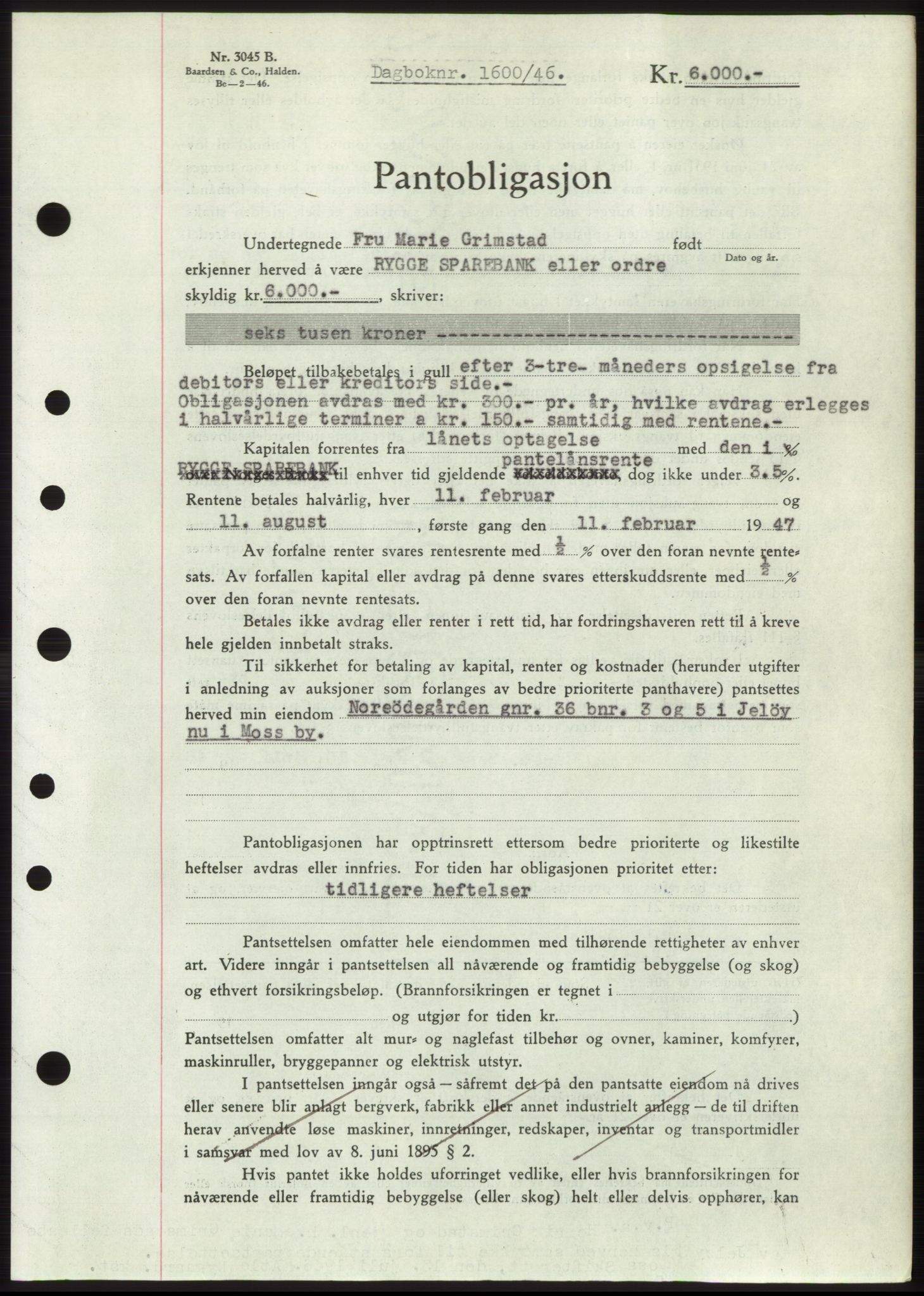 Moss sorenskriveri, SAO/A-10168: Pantebok nr. B15, 1946-1946, Dagboknr: 1600/1946