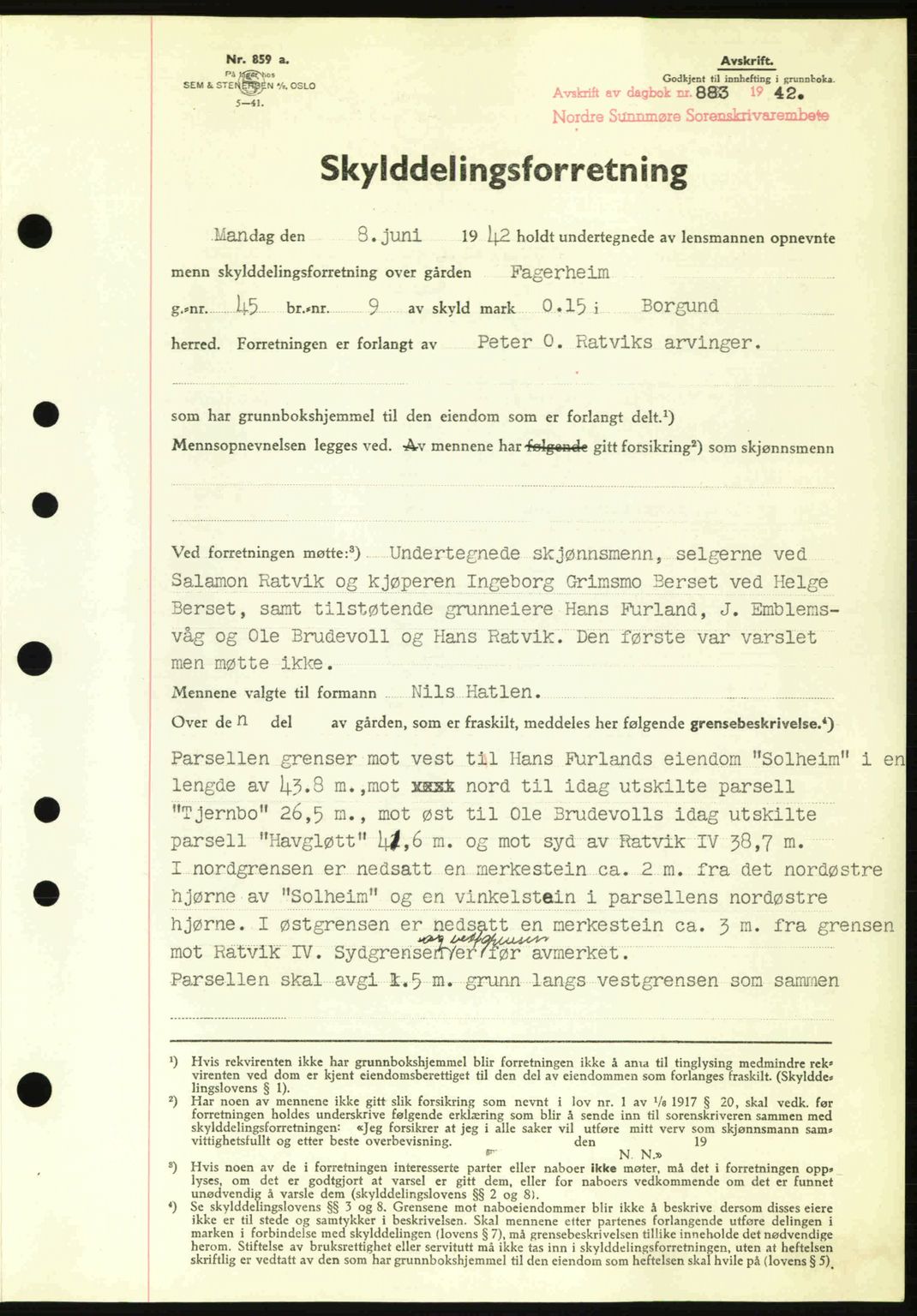 Nordre Sunnmøre sorenskriveri, SAT/A-0006/1/2/2C/2Ca: Pantebok nr. A13, 1942-1942, Dagboknr: 883/1942