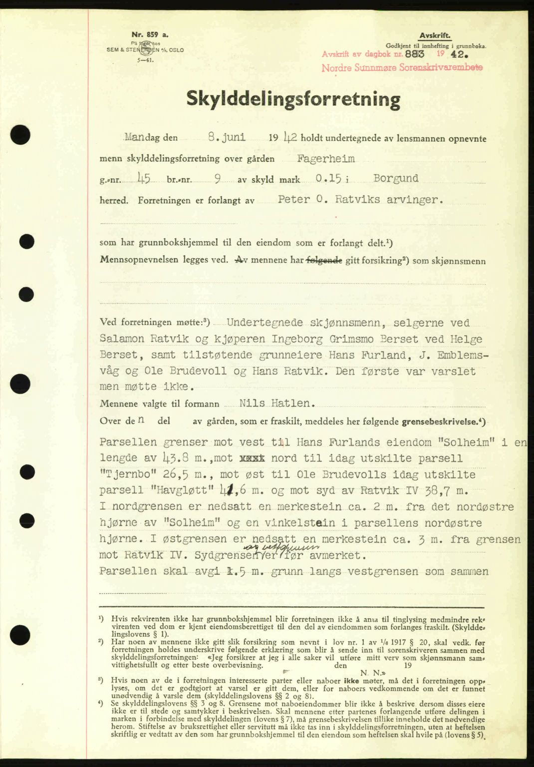 Nordre Sunnmøre sorenskriveri, AV/SAT-A-0006/1/2/2C/2Ca: Pantebok nr. A13, 1942-1942, Dagboknr: 883/1942