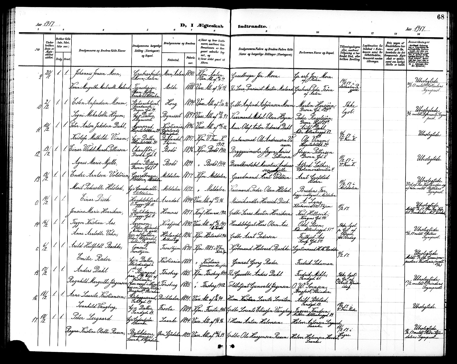 Ministerialprotokoller, klokkerbøker og fødselsregistre - Sør-Trøndelag, SAT/A-1456/602/L0145: Klokkerbok nr. 602C13, 1902-1919, s. 68