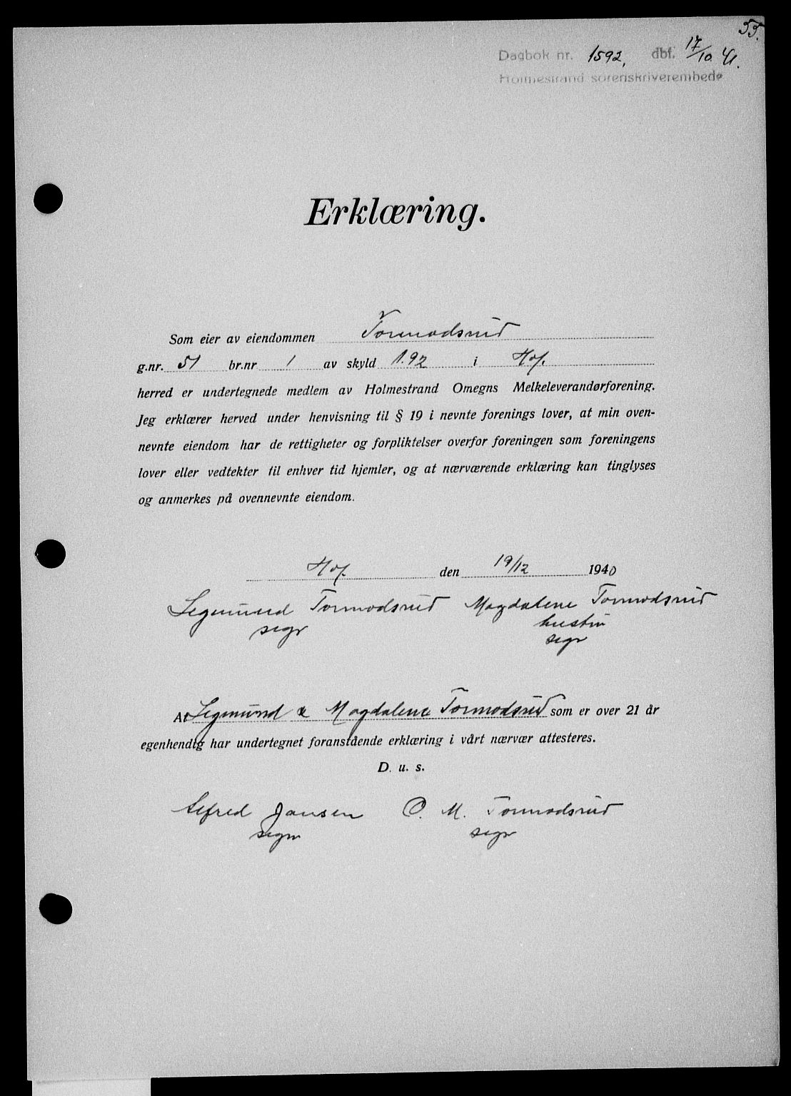 Holmestrand sorenskriveri, SAKO/A-67/G/Ga/Gaa/L0054: Pantebok nr. A-54, 1941-1942, Dagboknr: 1592/1941